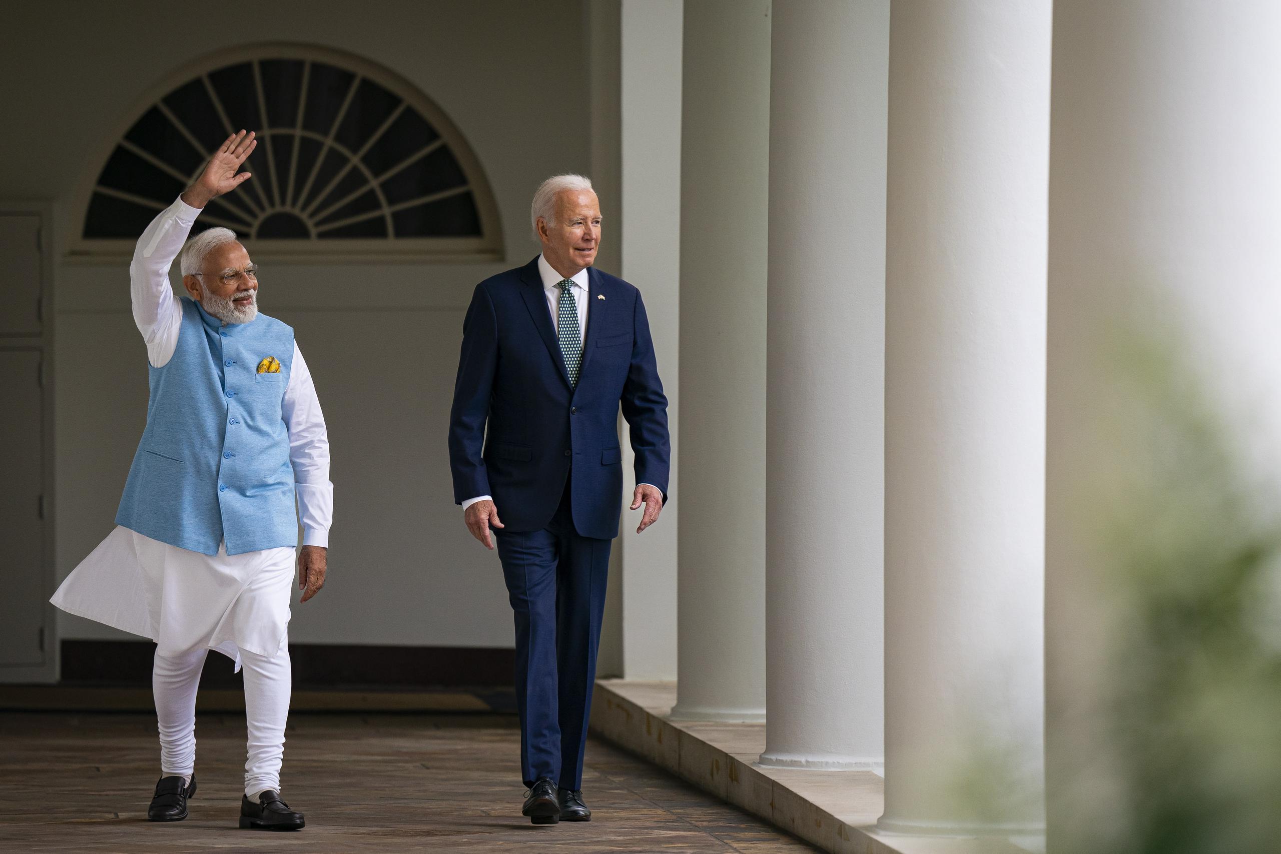 El primer ministro de la India, Narendra Modi (i), y el presidente estadounidense, Joe Biden (d), en la Casa Blanca, en Washington, este 22 de junio de 2023. (EFE/EPA/Stefani Reynolds/Pool)