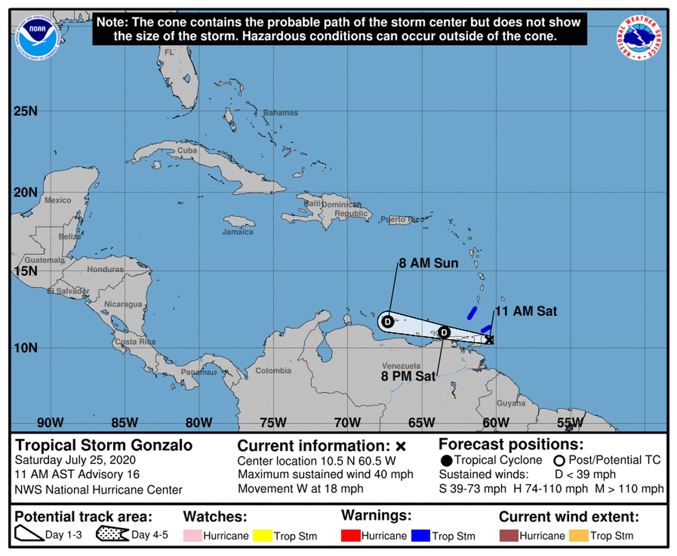 Pronóstico de la tormenta tropical Gonzalo emitido a las 11:00 de la mañana.