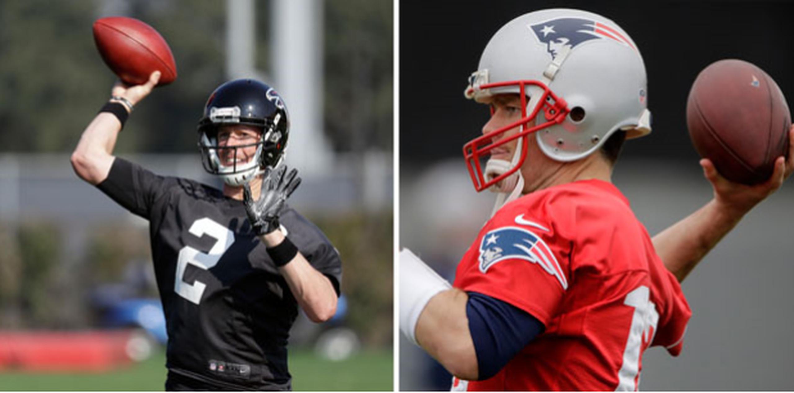 Matt Ryan y Tom Brady en sus respectivas prácticas rumbo al Super Bowl. (Prensa Asociada)