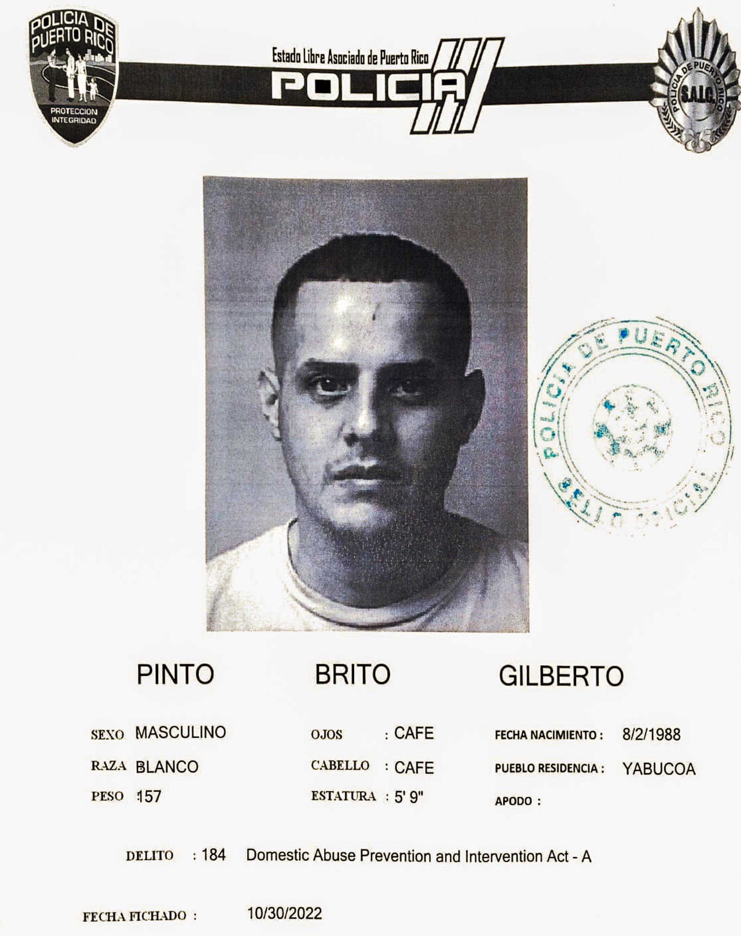 Ficha de Gilberto Pinto Brito, un cadete del Negociado de la Policía de 34 años y vecino de Yabucoa.