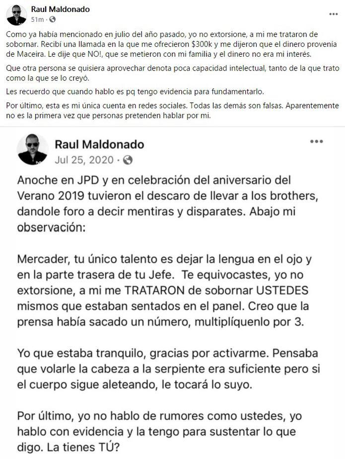 Declaraciones de Raulie Maldonado en Facebook luego del arresto federal del productor Sixto George.