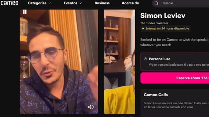 Captura del perfil de Simon Leviev por la aplicación Cameo, donde usuarios le pagan una tarifa a un creador para recibir un video personalizado.