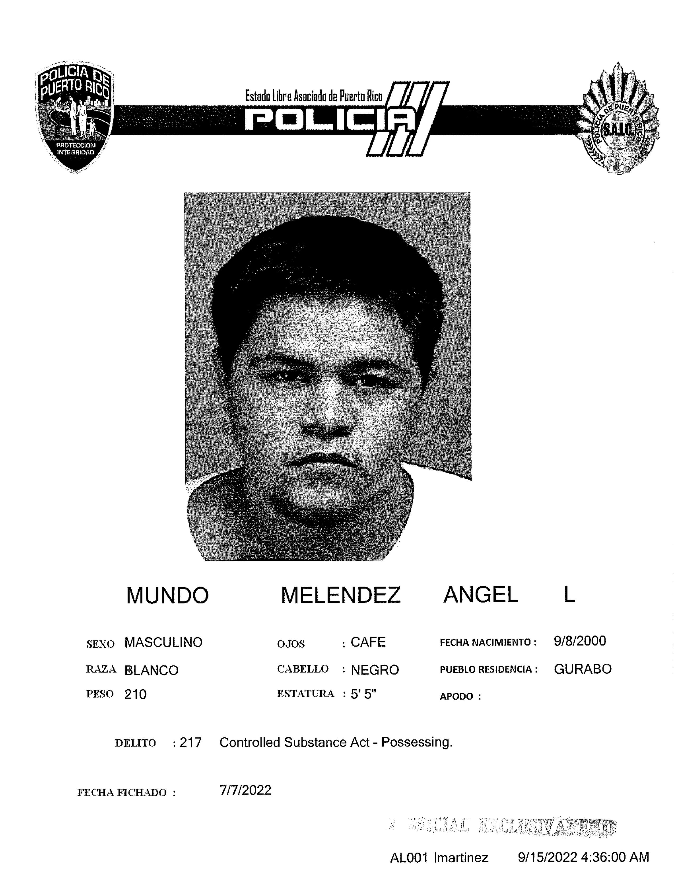 Ficha policial de Ángel Luis Mundo Meléndez, quien fue asesinado en Gurabo el 15 de septiembre de 2022.