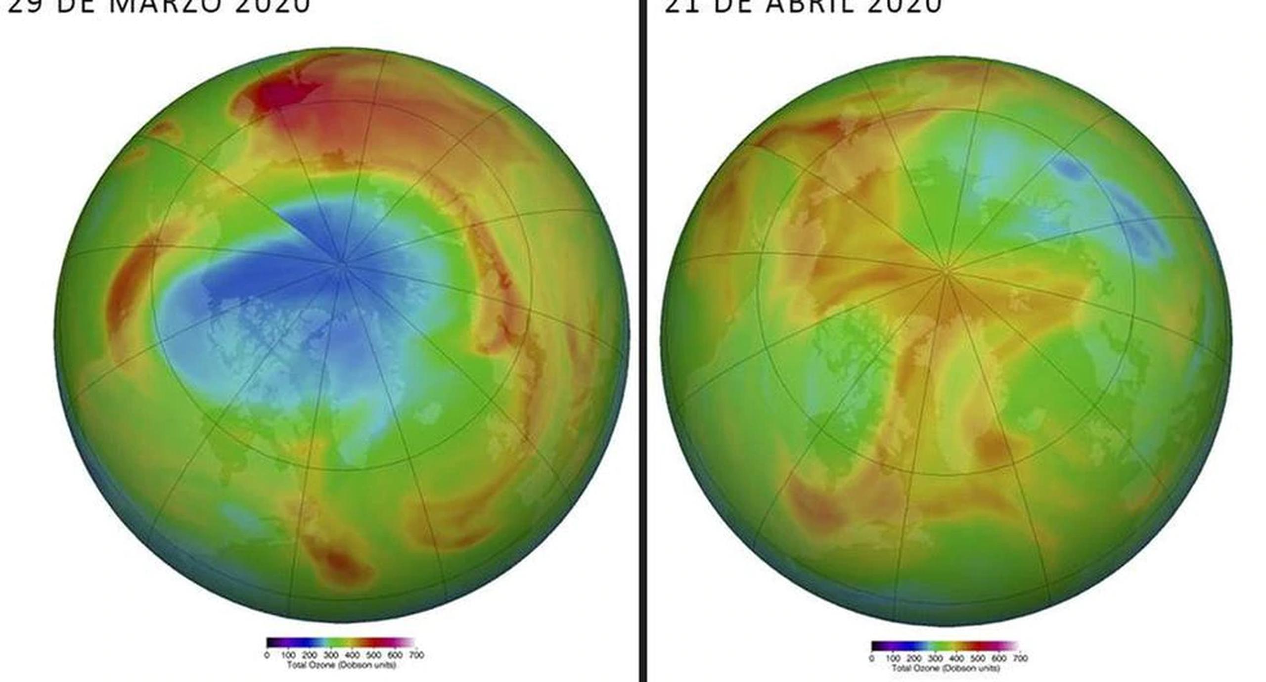 La imagen muestra el cambio en el enorme agujero en la capa de ozono en el hemisferio norte.