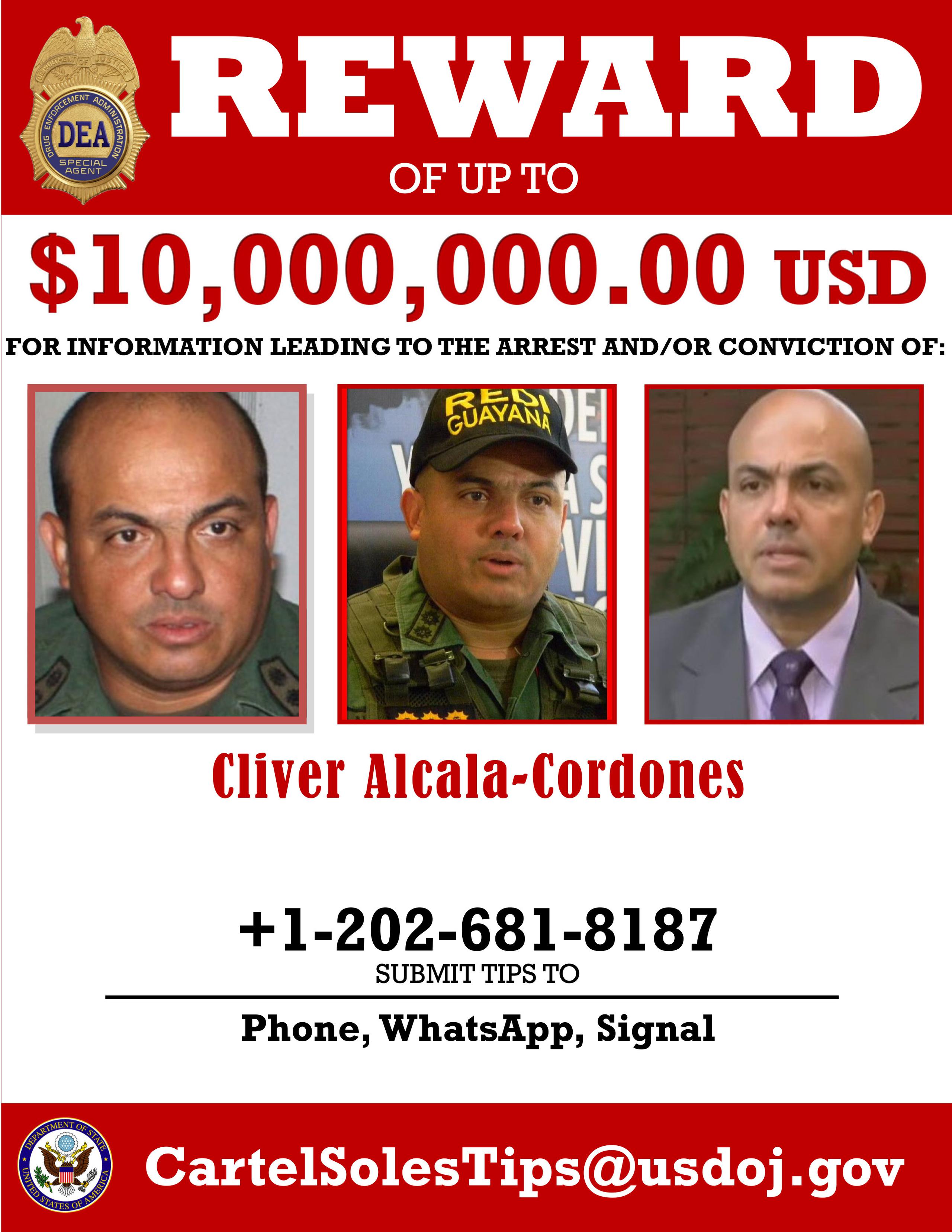 Una circular en la que se ofrece una recompensa de 10 millones de dólares por información que conduzca a la captura o condena del general retirado venezolano Cliver Alcalá Cordones