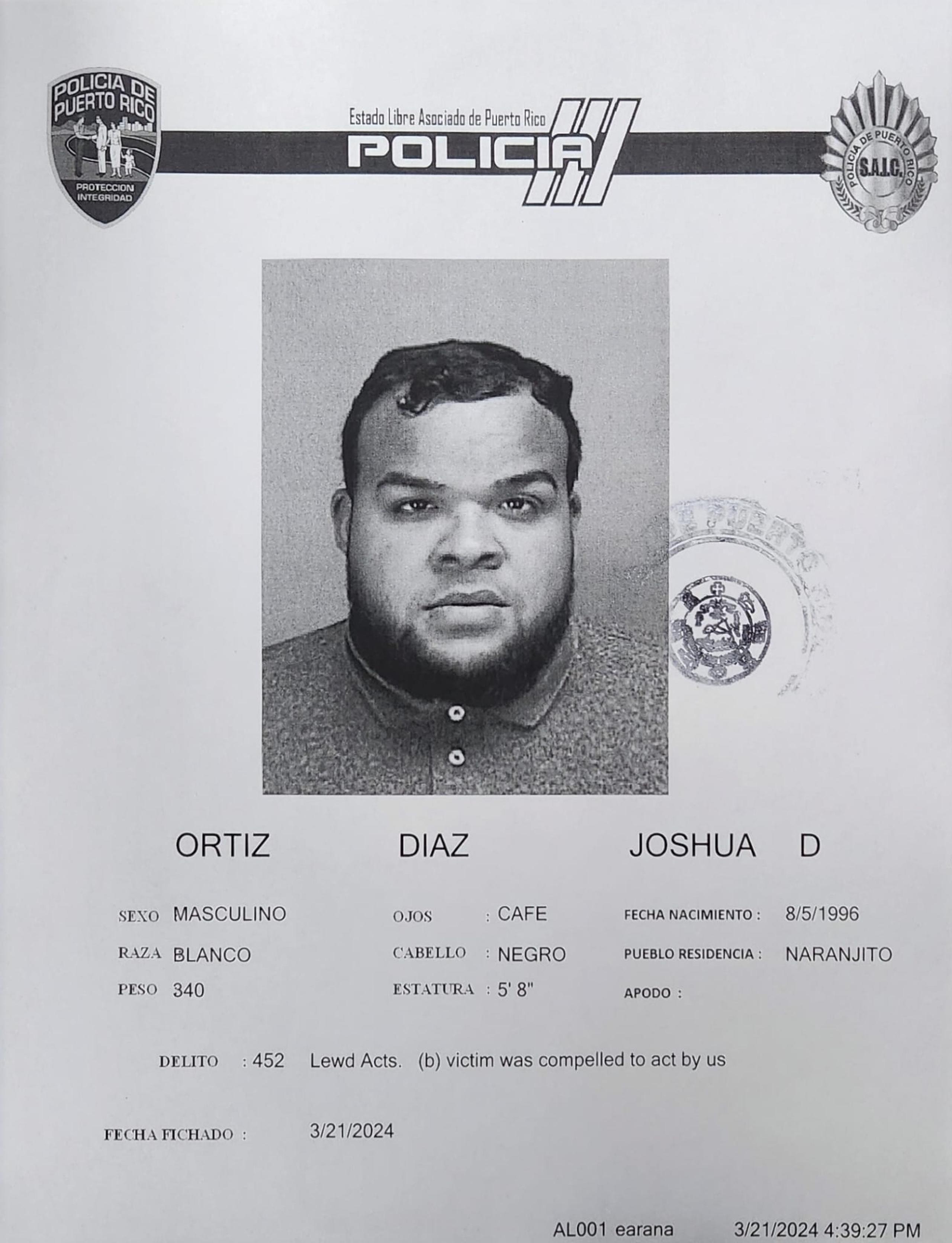Joshua D. Ortiz Díaz, empleado del municipio de Naranjito acusado por actos lascivos y acoso sexual.