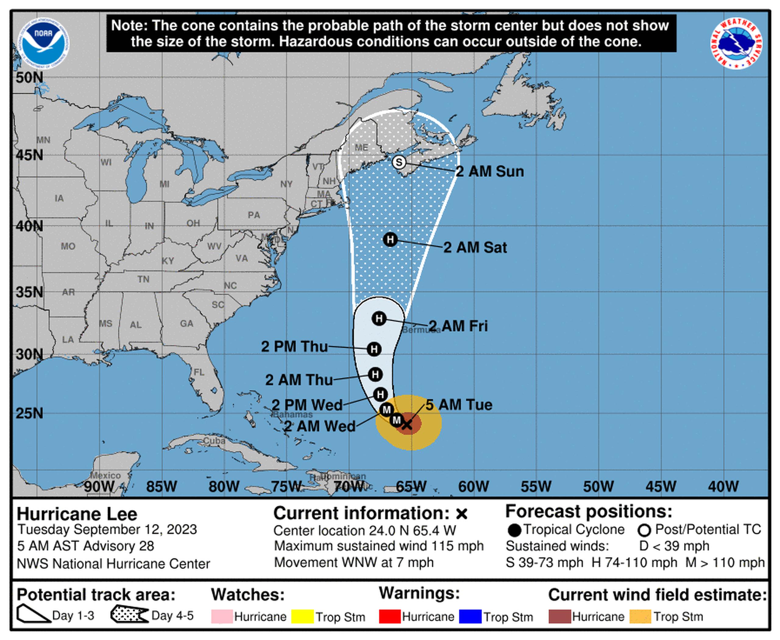 Pronóstico del huracán Lee emitido a las 5:00 de la mañana del 12 de septiembre de 2023.