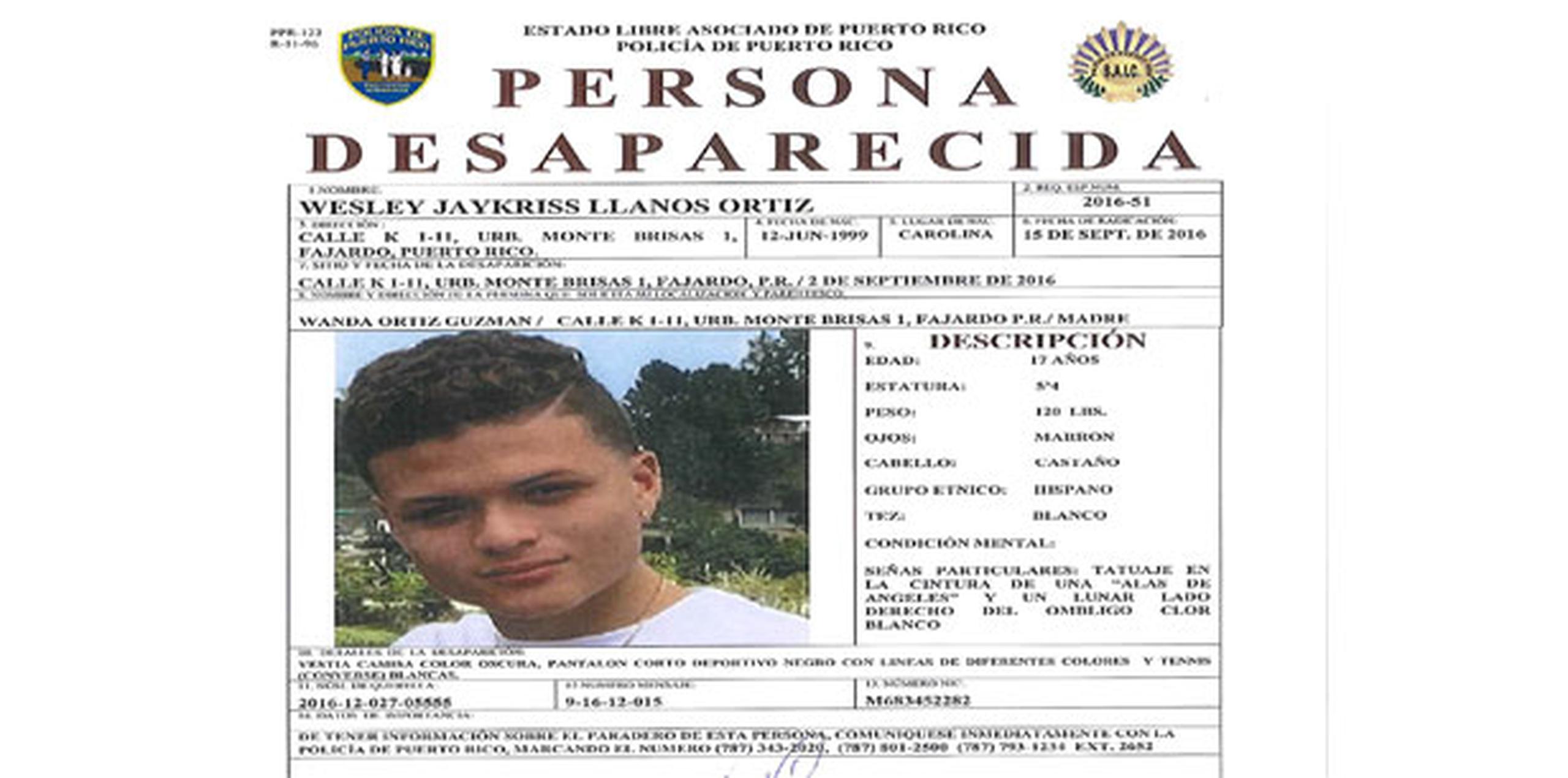 De tener información sobre el paradero de esta persona, comuníquese inmediatamente con la Policía de Puerto Rico, marcando el número (787)343-2020, (787)801-2500 (787) 793-1234 ext.2652. (Suministrada)