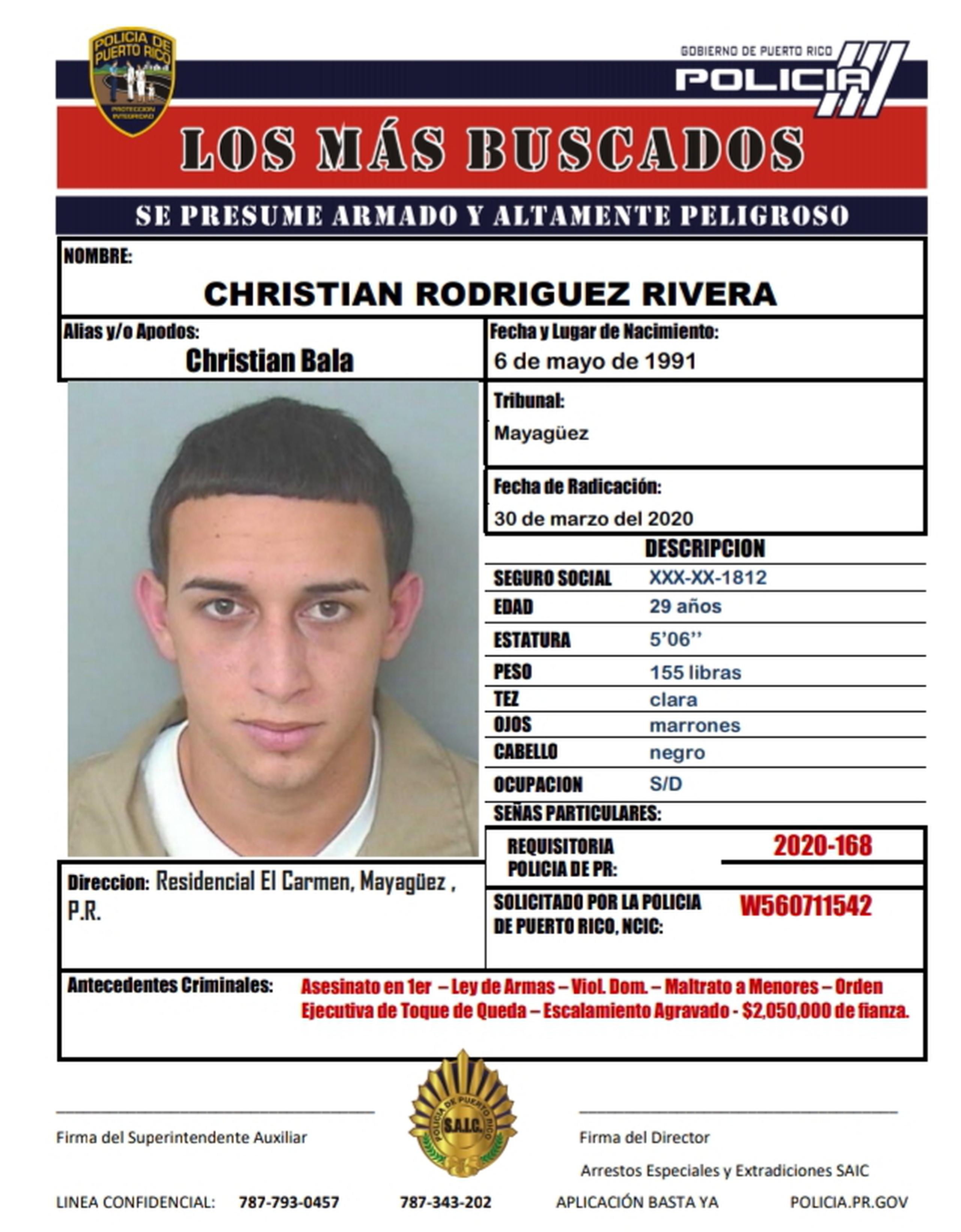 Afiche de Christian Rodríguez Rivera, acusado en ausencia por el crimen de su expareja en presencia de sus hijos menores, el 29 de marzo en Mayagüez.