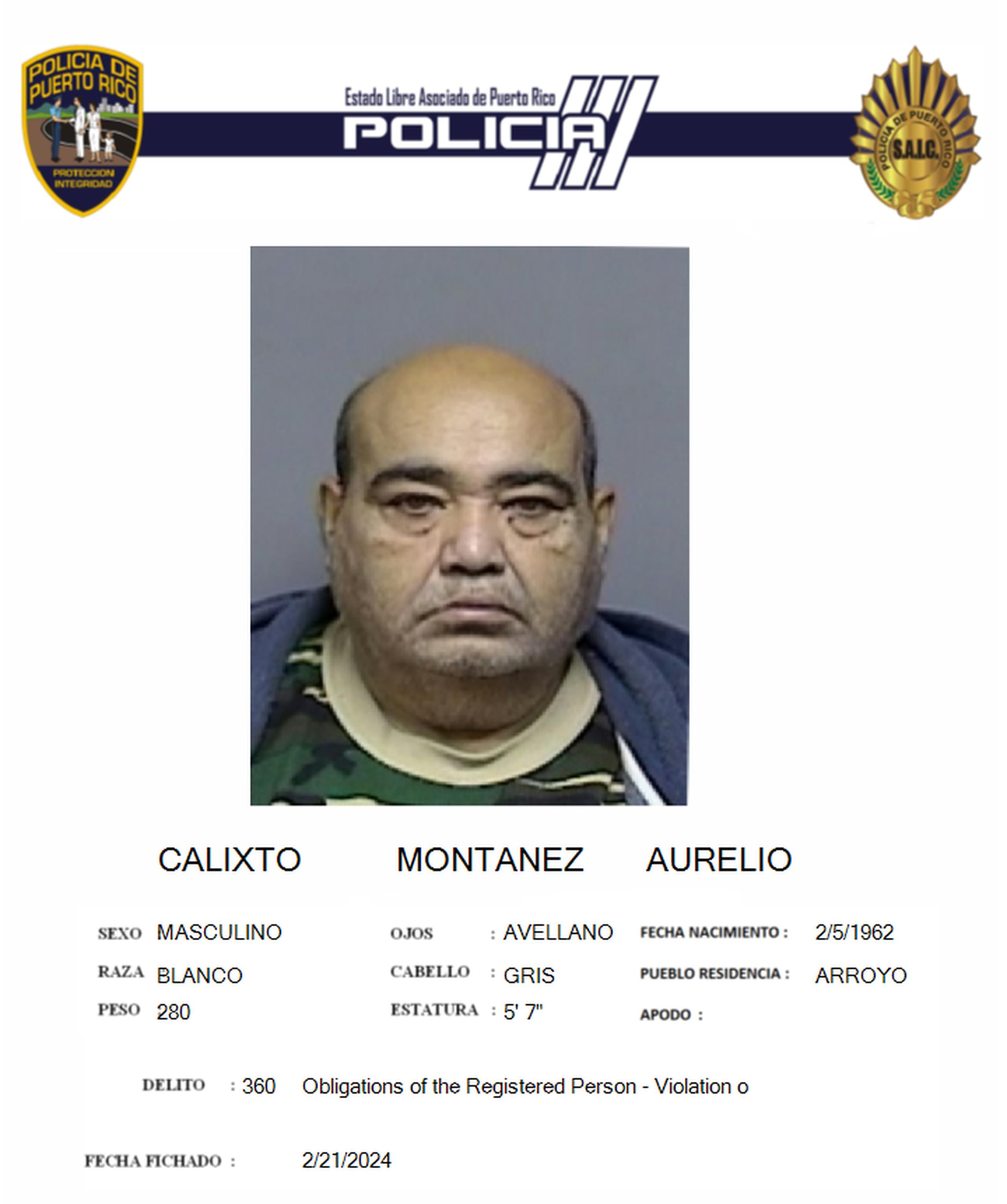 Aurelio Calixto Montañez enfrenta cargos por violación a la Ley del Registro de Personas Convictas por Delitos Sexuales y Abuso Contra Menores.