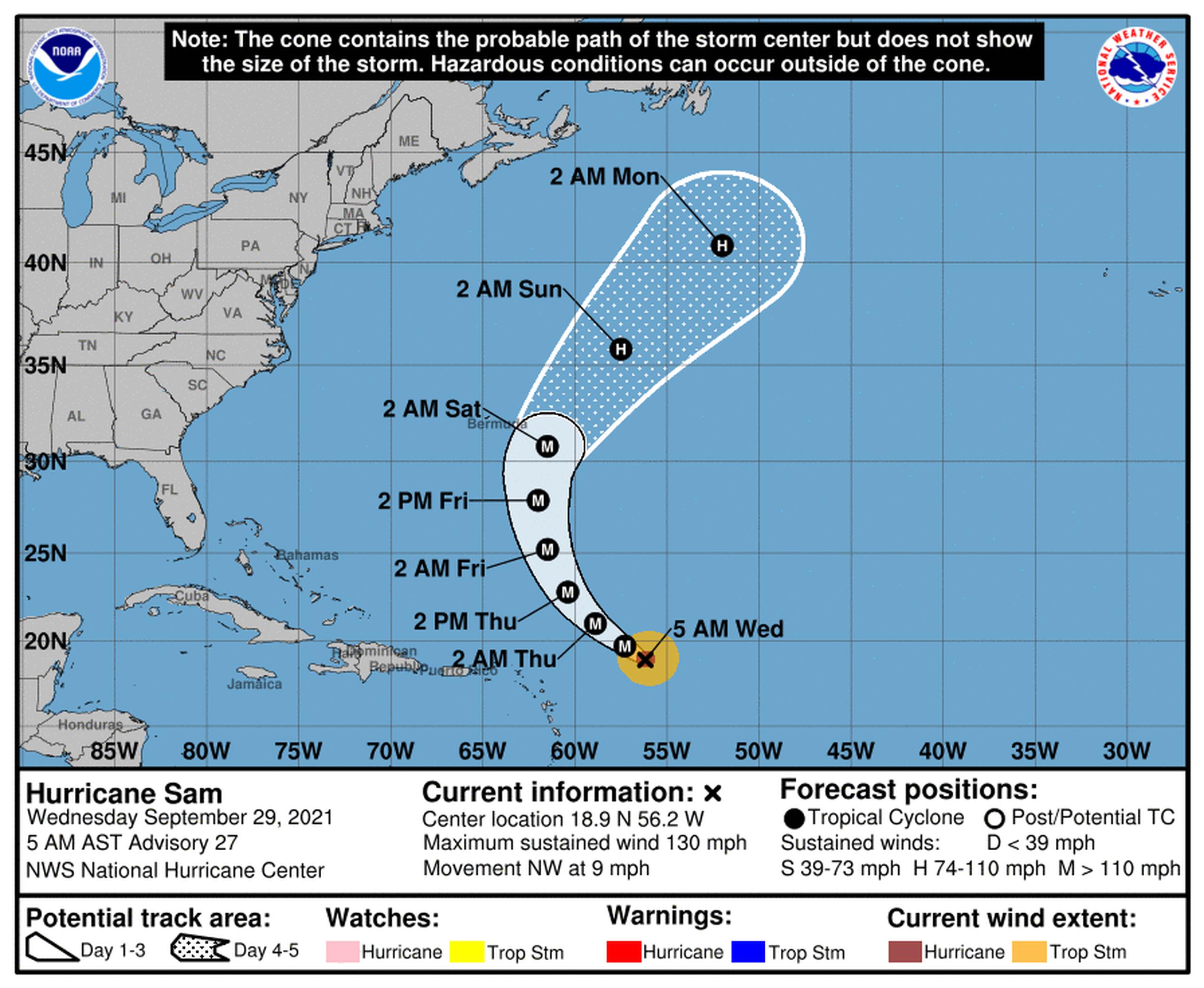 Pronóstico del huracán Sam emitido a las 5:00 de la mañana por el Centro Nacional de Huracanes.