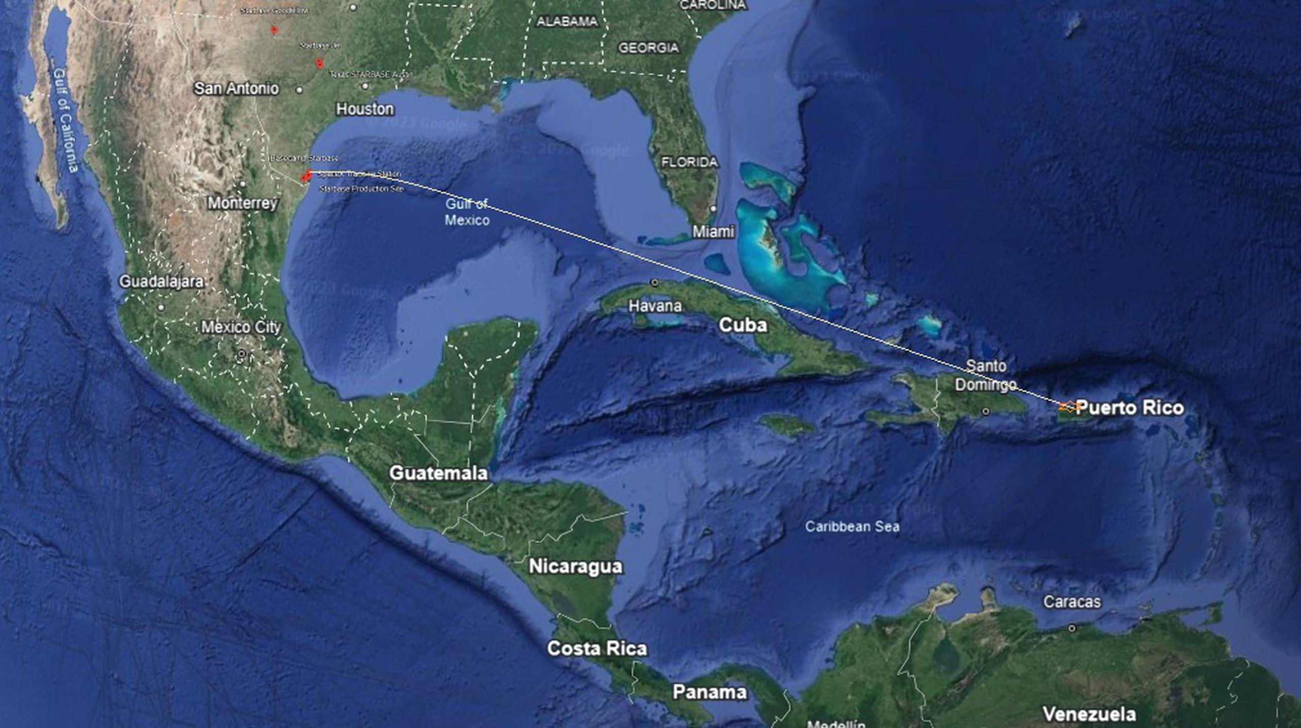 Trayectoria del lanzamiento del Starship lo ubicaba pasando sumamente cerca de Puerto Rico. (SAC/Google)