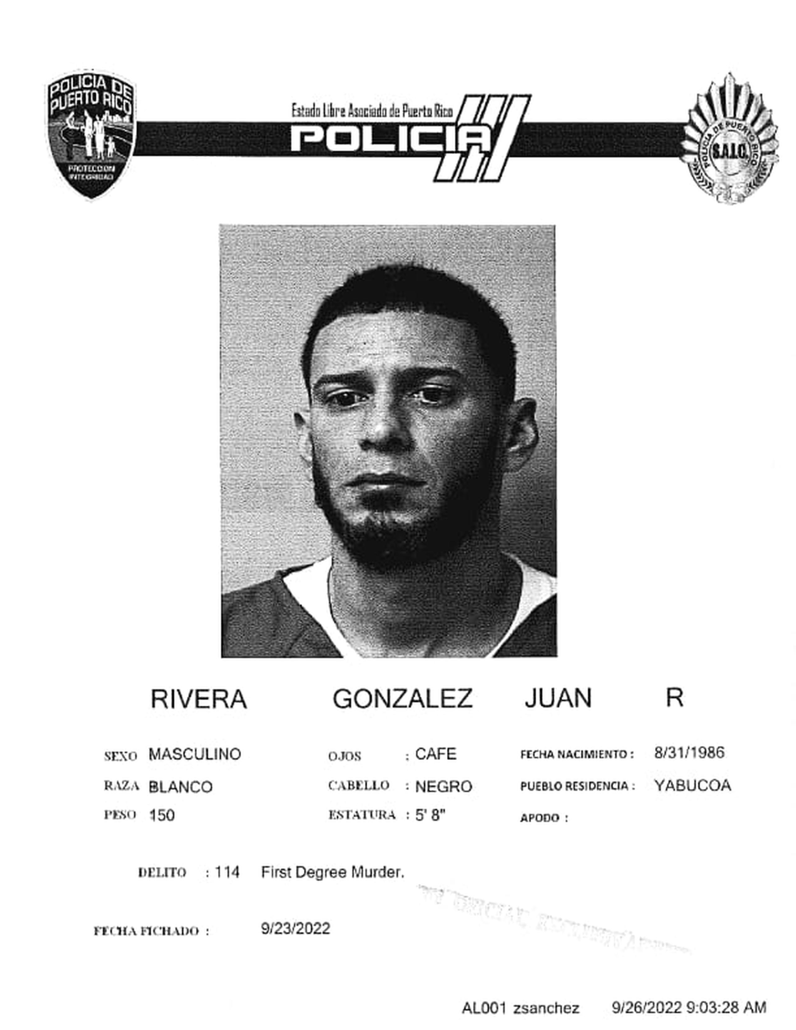 Juan R. Rivera González enfrenta cargos por asesinato en primer grado y violación a la Ley de Armas.
