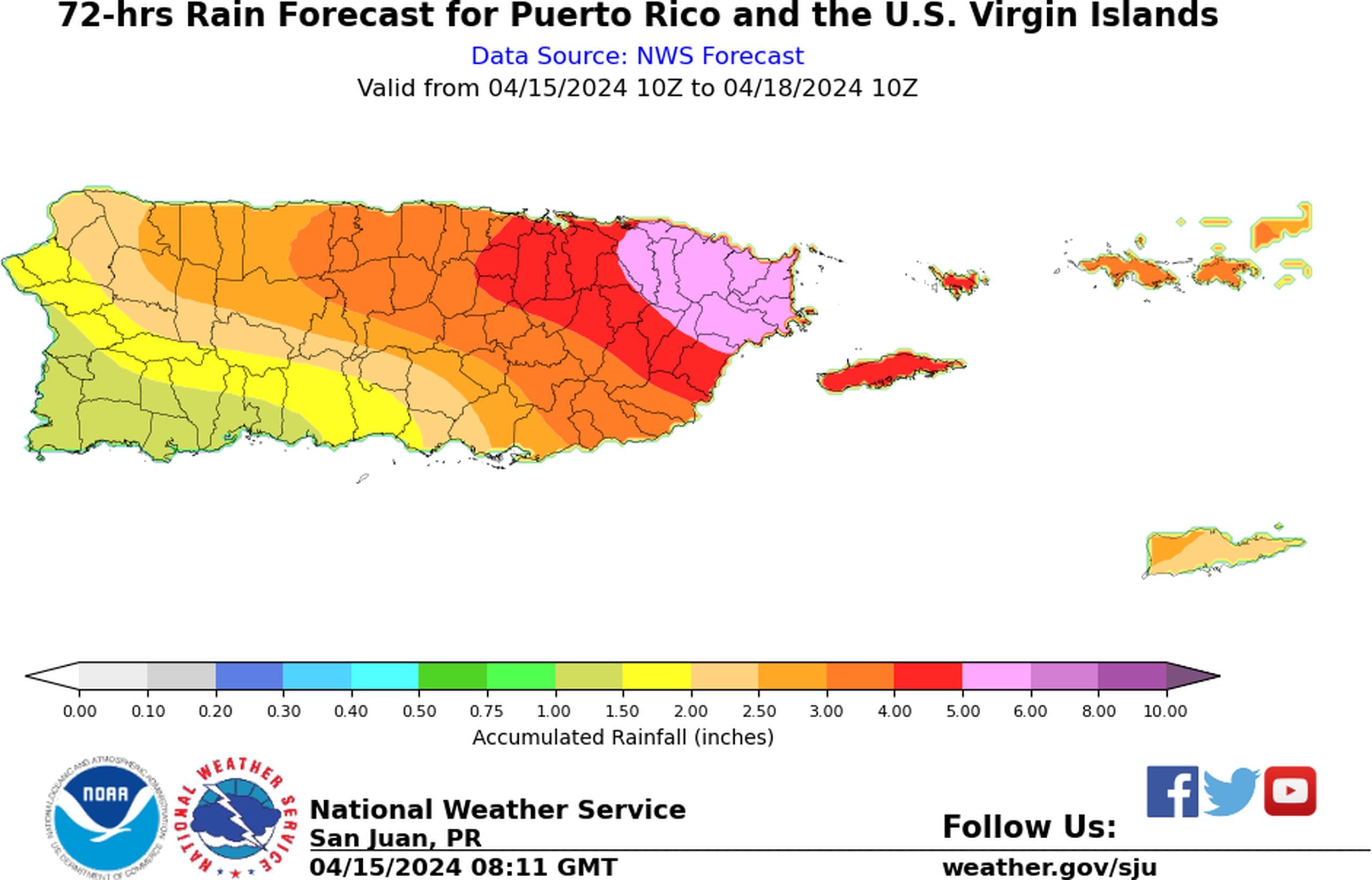 Pronóstico de lluvia de 72 horas para Puerto Rico, del 15 al 18 de abril de 2024.