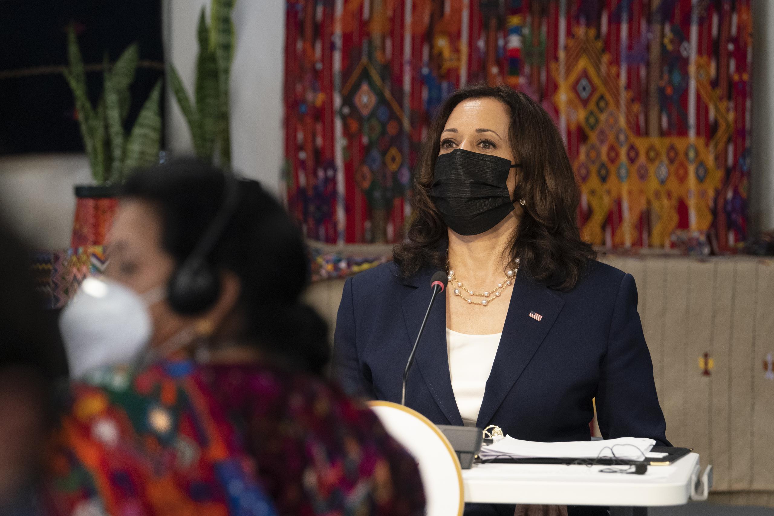 Vice President Kamala Harris attends a meeting with community leaders, at the Universidad del Valle de Guatemala, Monday, June 7, 2021, in Guatemala City. (AP Photo/Jacquelyn Martin)