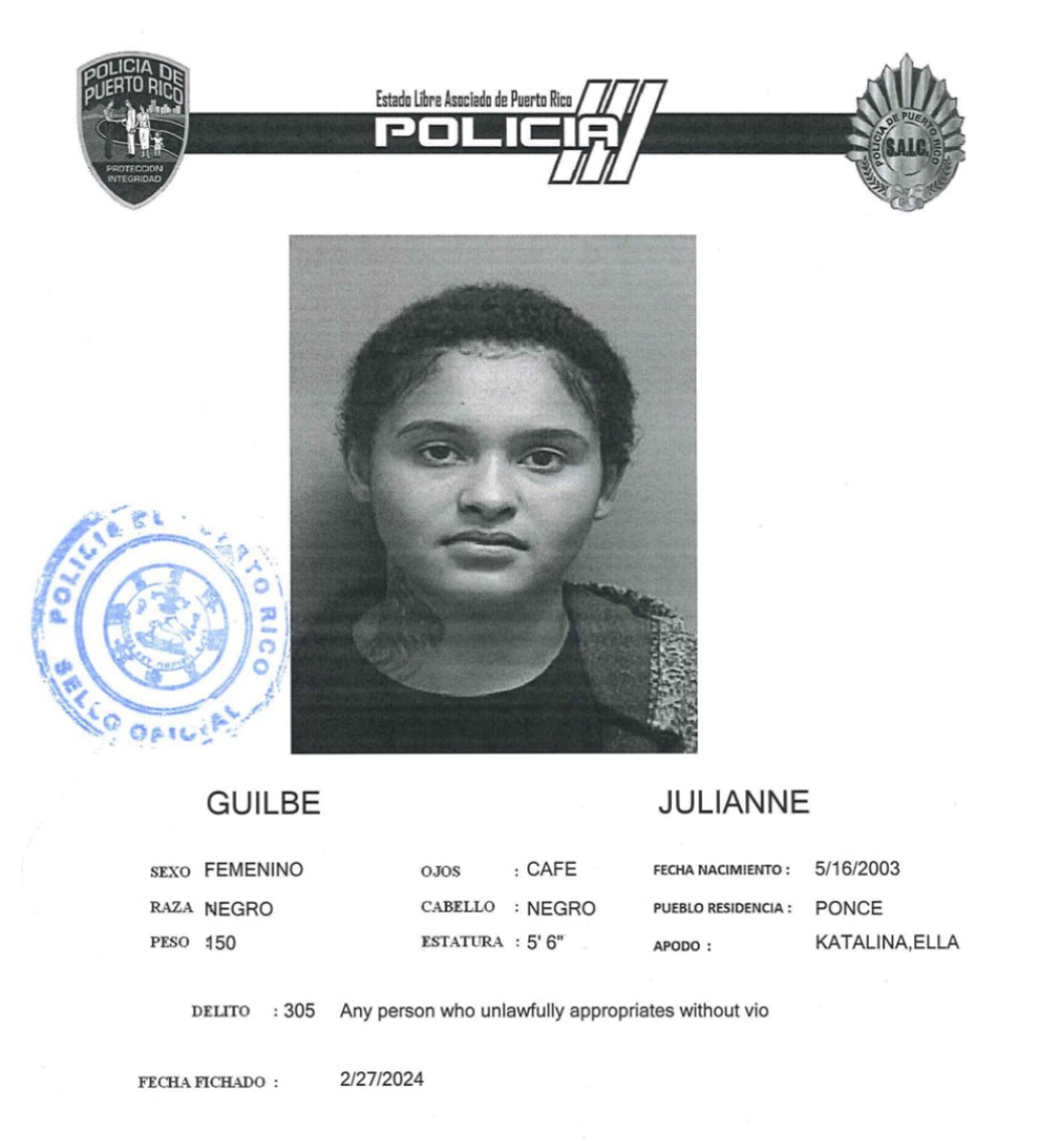 Julianne “Katalina” Guilbe de 20 años, fue acusada por violencia doméstica y maltrato de personas de edad avanzada y menores y daños a la propiedad.