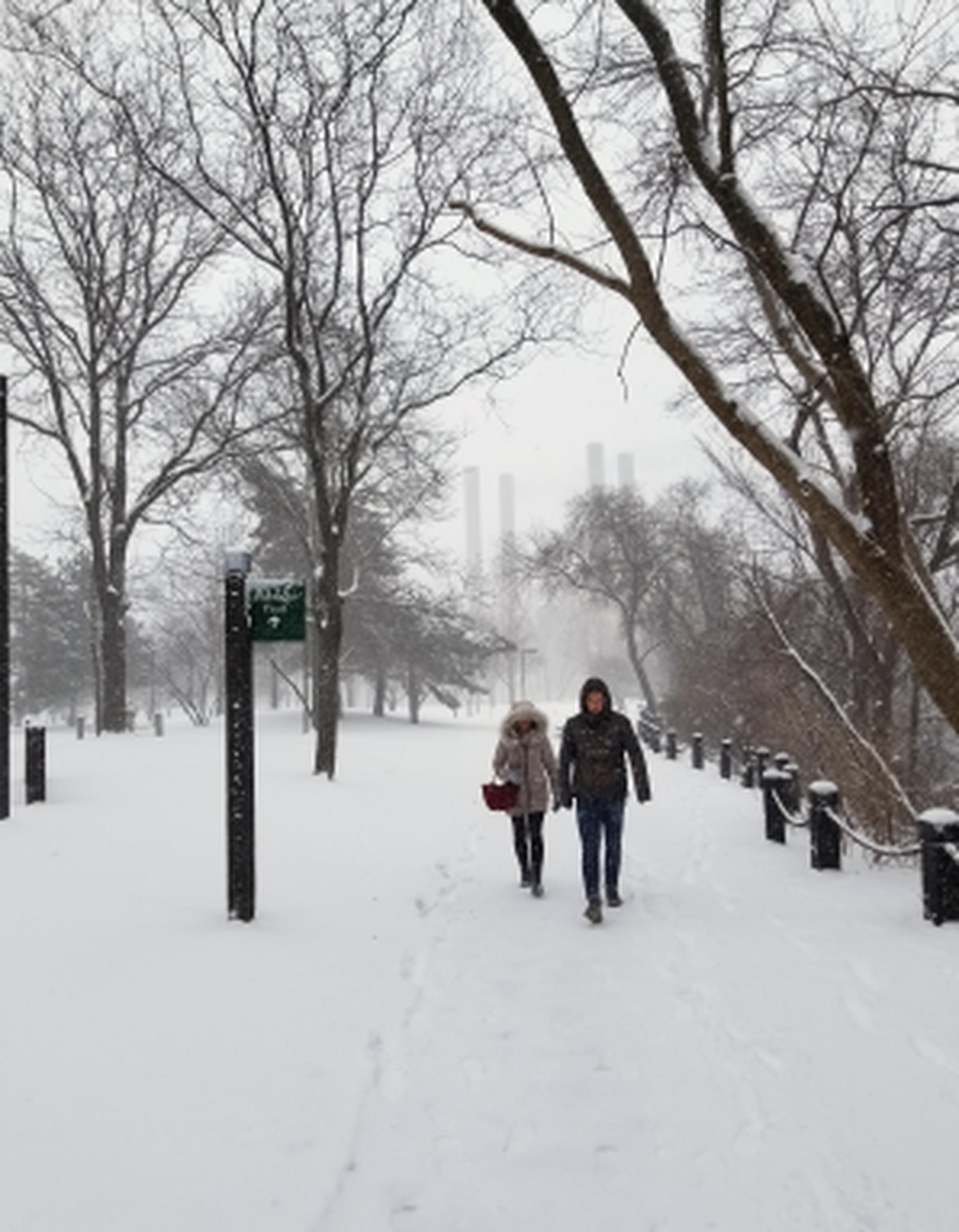 Niko Heiligman, de Alemania, y Lea Stimpel desafiaron la nieve para pasear por el río Mississippi en el centro de Minneapolis. (AP / Steve Karnowski)