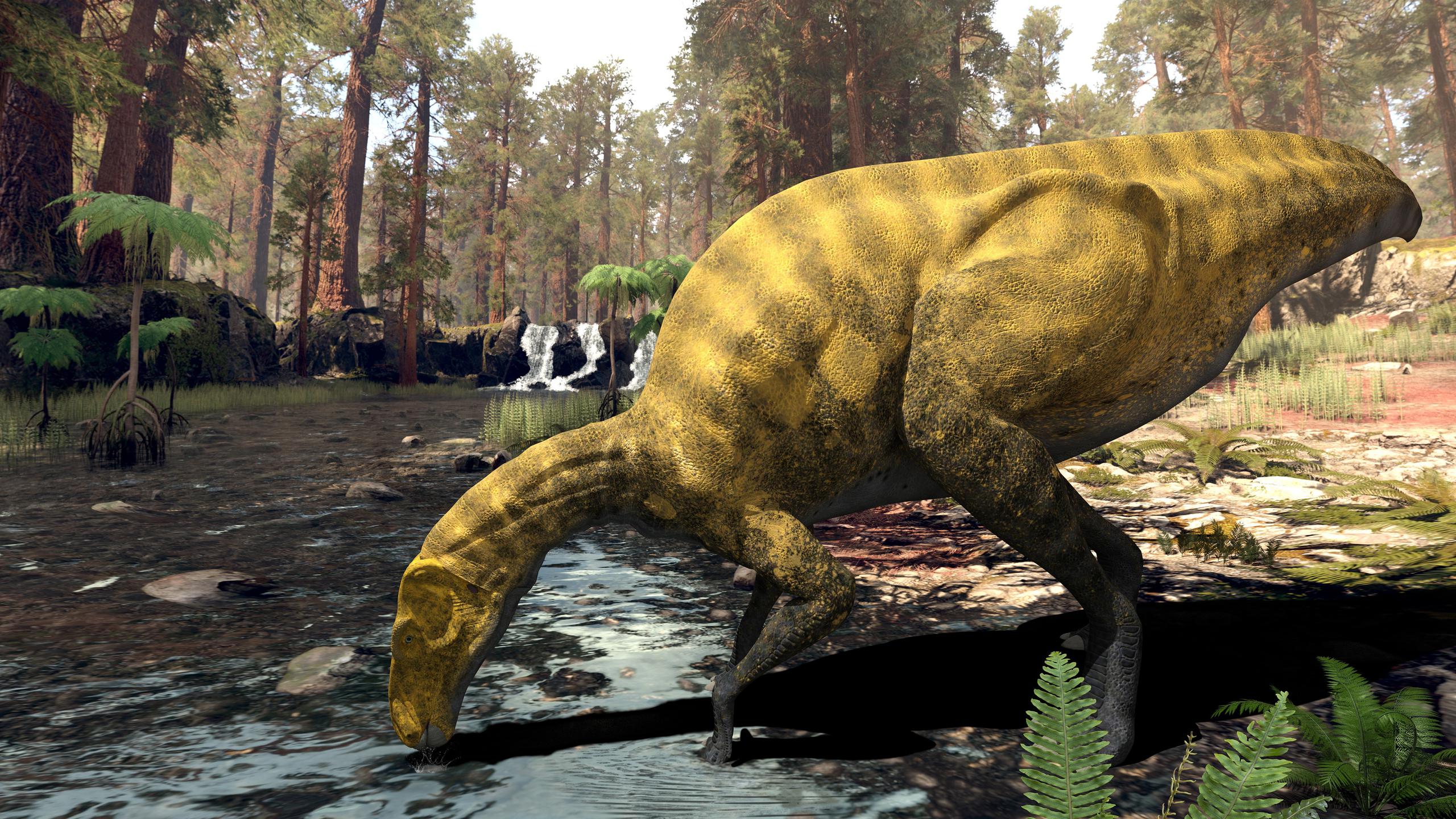 Recreación del nuevo dinosaurio, parecido a un "iguanodon" (iguana gigante), a partir de los restos fósiles que se han encontrado en uno de los yacimientos de Portell, en Castellón. PLOS ONE/Andrés Santos-Cubedo