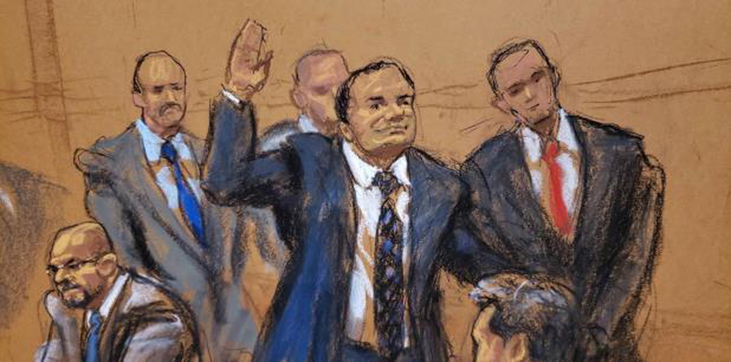 Dibujo donde aparece El Chapo mientras saluda a su esposa antes del inicio del primer día de su juicio el pasado 13 de noviembre, en el tribunal del Distrito Sur en Brooklyn, Nueva York. (EFE / Jane Rosenberg)