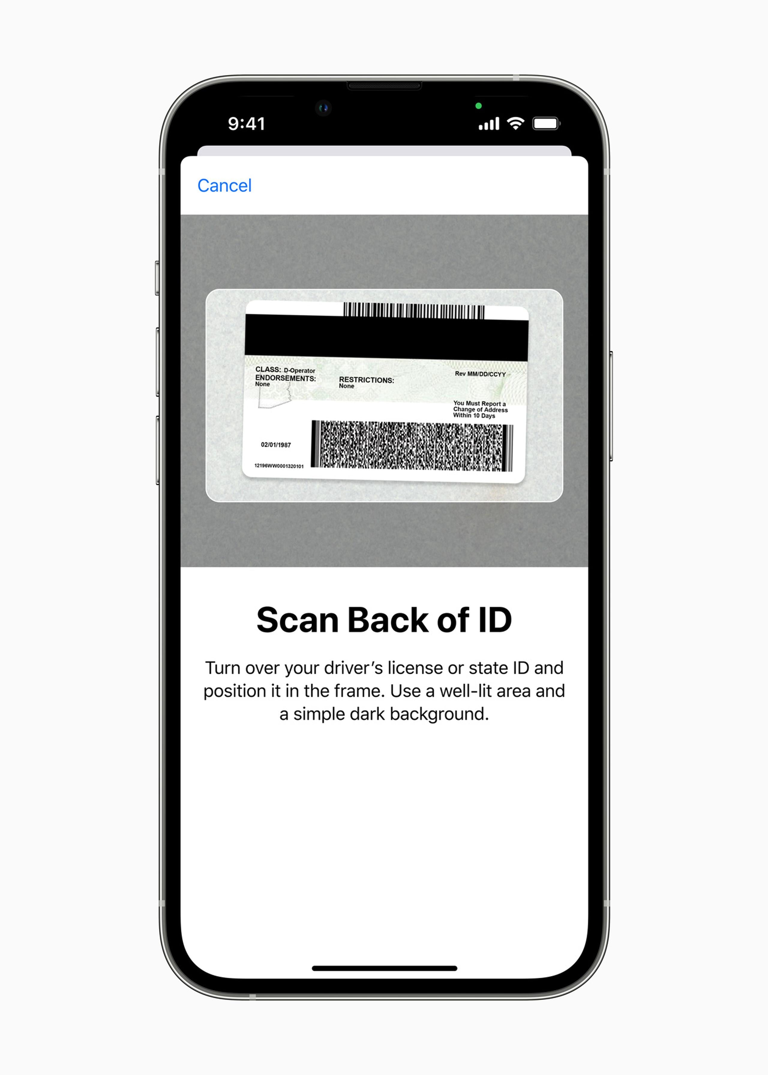 Ejemplo de una licencia de conducir en la aplicación Apple Wallet.
