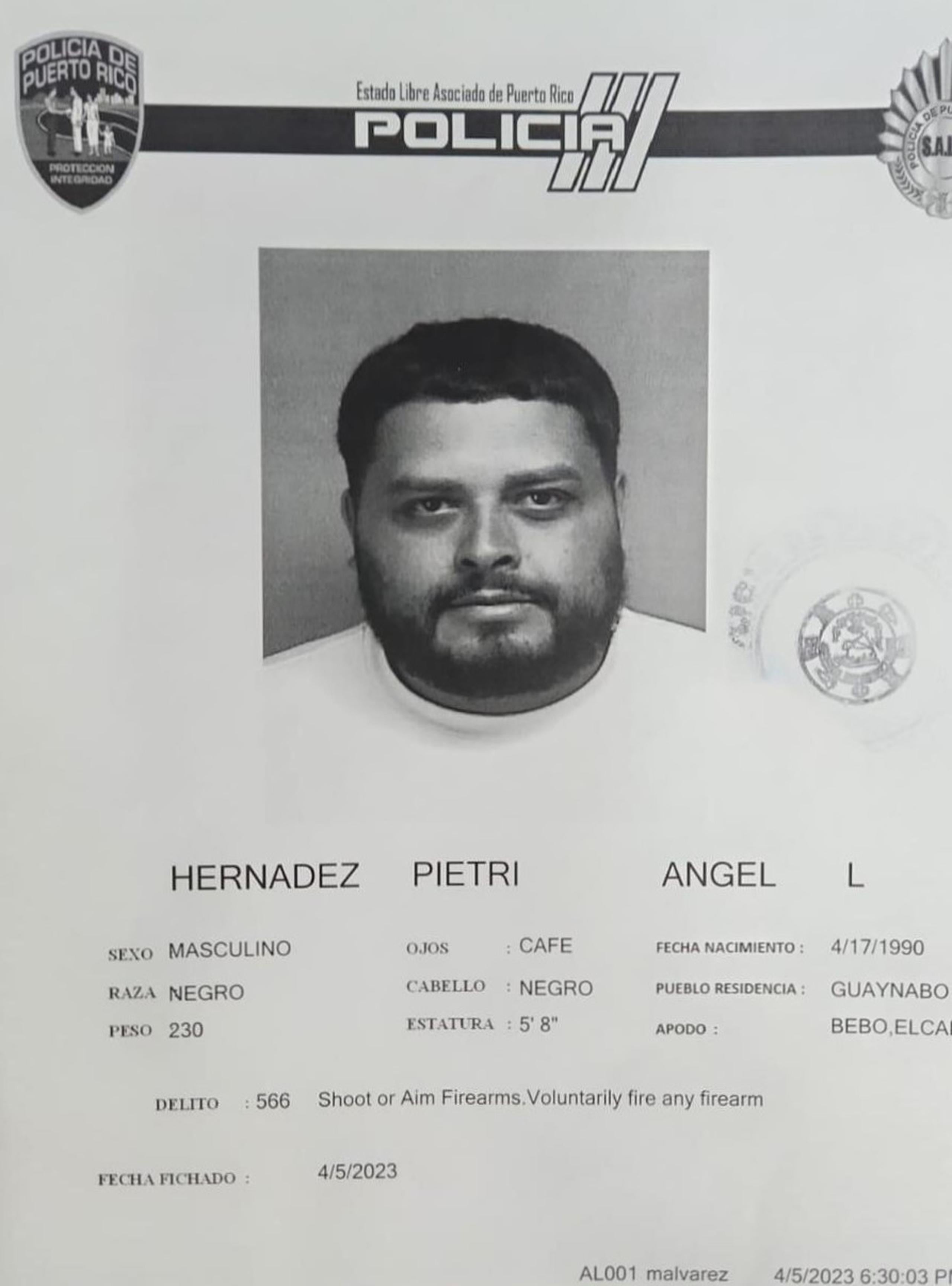 Ficha de Ángel Hernández Pietri, imputado de disparar a policías en una persecusión en Guaynabo