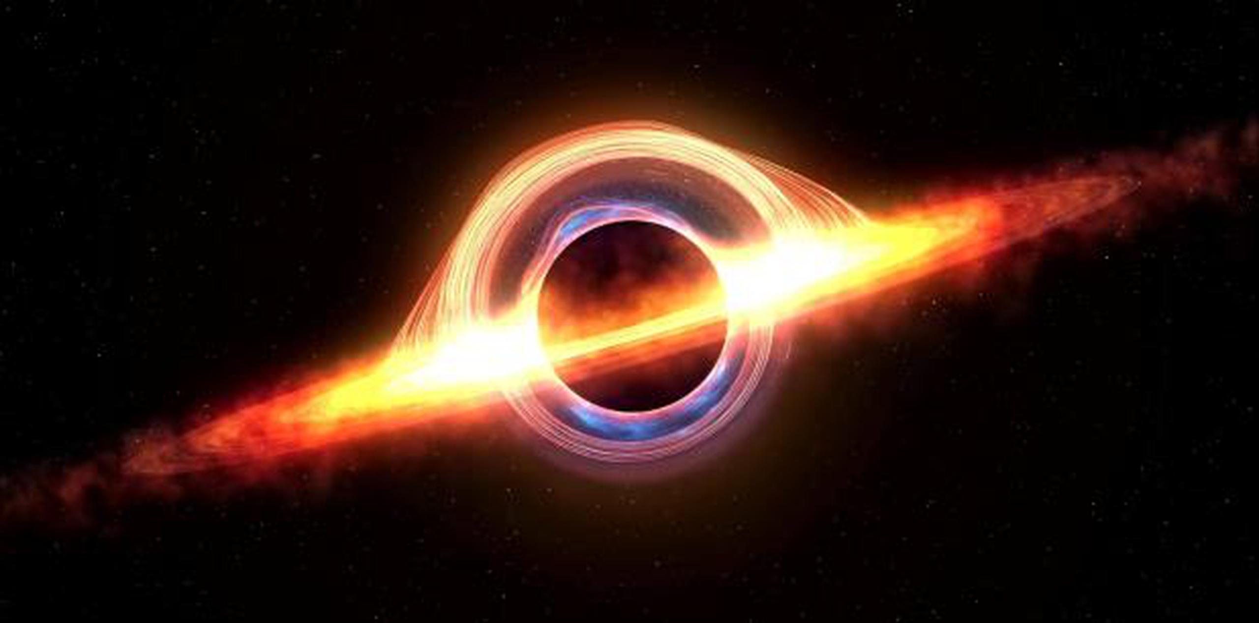 Ilustración de un agujero negro atrayendo materia espacial. (Shutterstock)