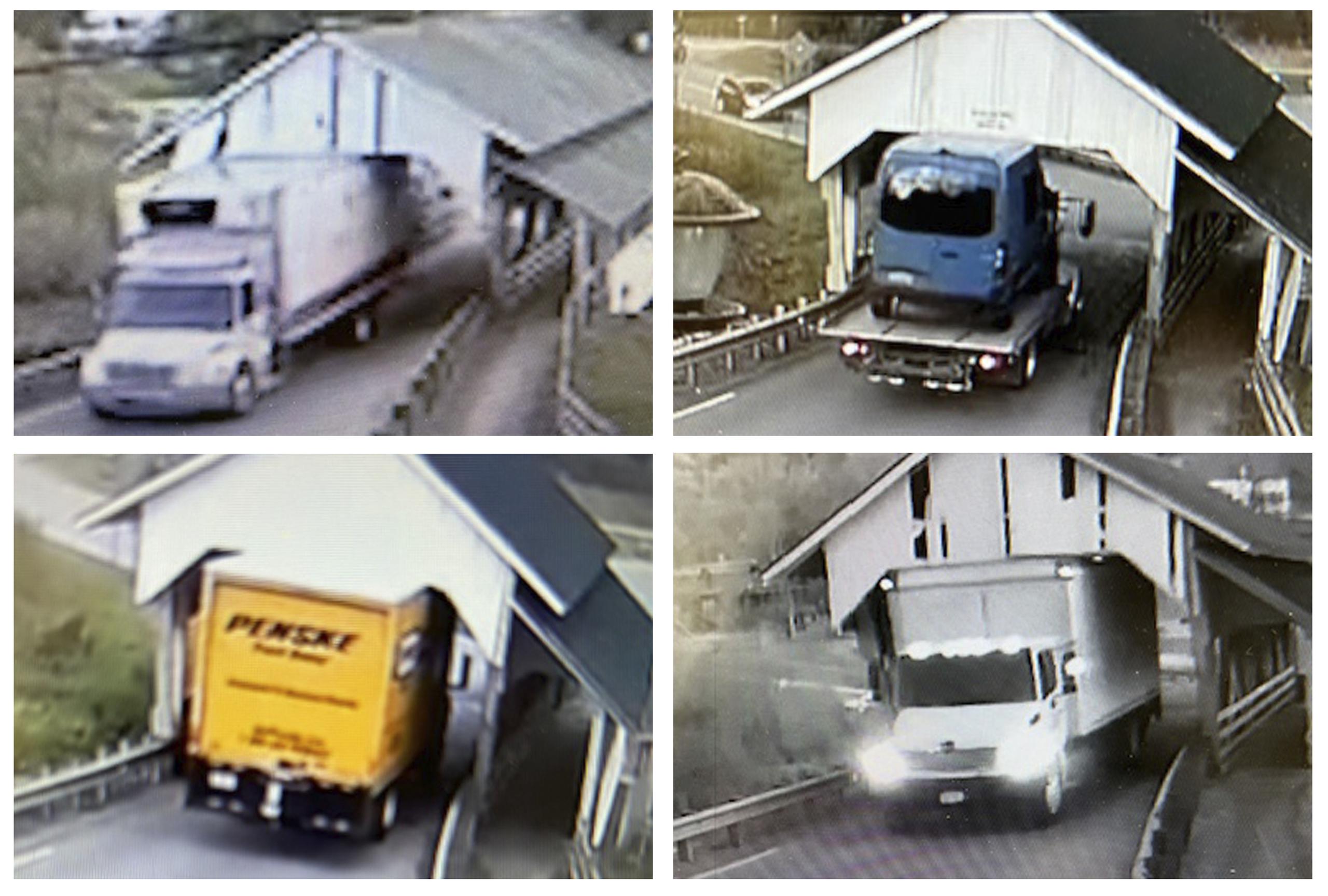 Esta selección de imágenes de un video de seguridad provisto por Michael Grant muestra grandes camiones atravesando el histórico puente cubierto de Miller's Run en Lyndon, Vermont. Los conductores de camiones no prestan atención a los carteles de advertencia.