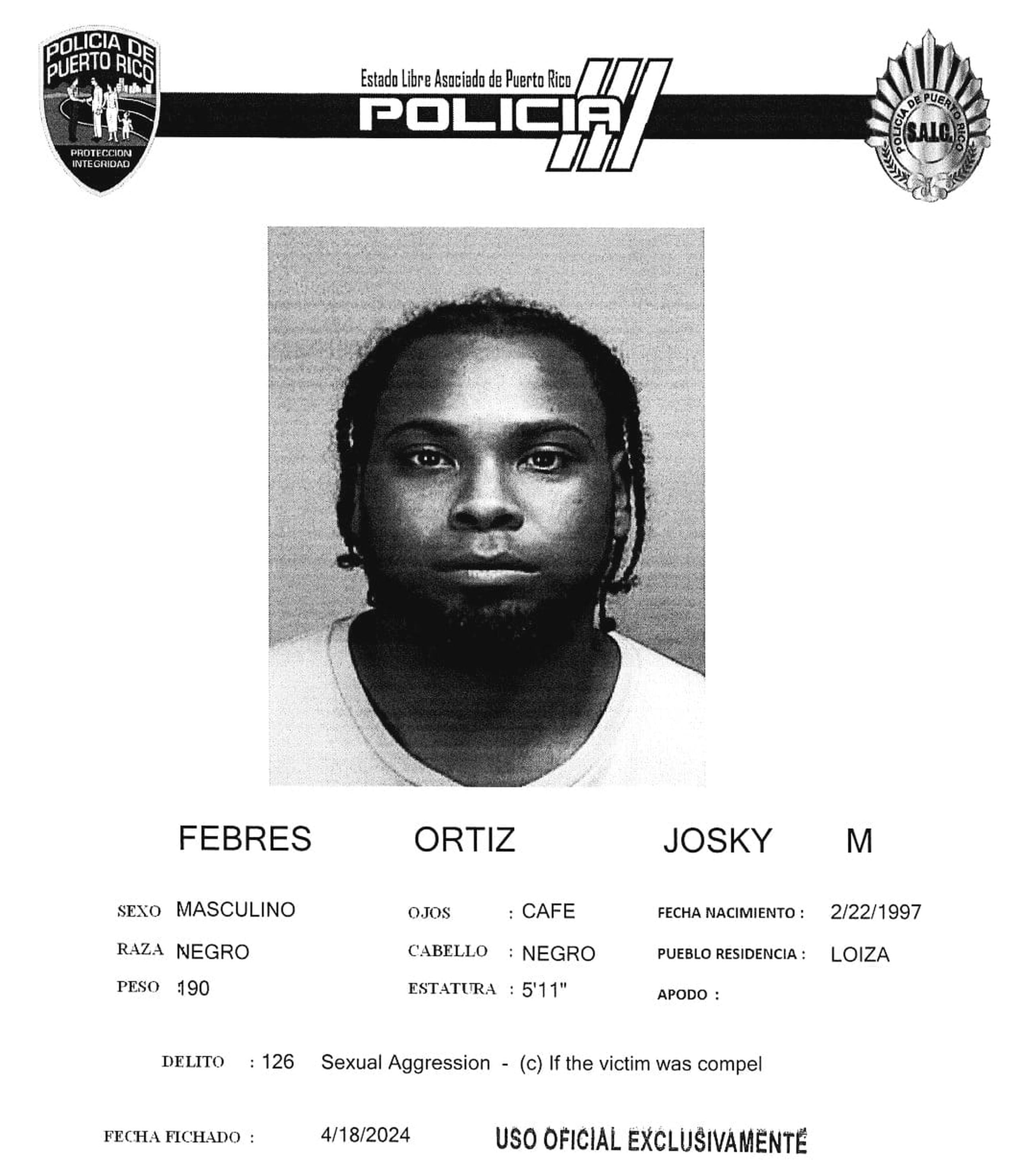 Josky M. Febres Ortiz enfrenta un cargo de agresión sexual.
