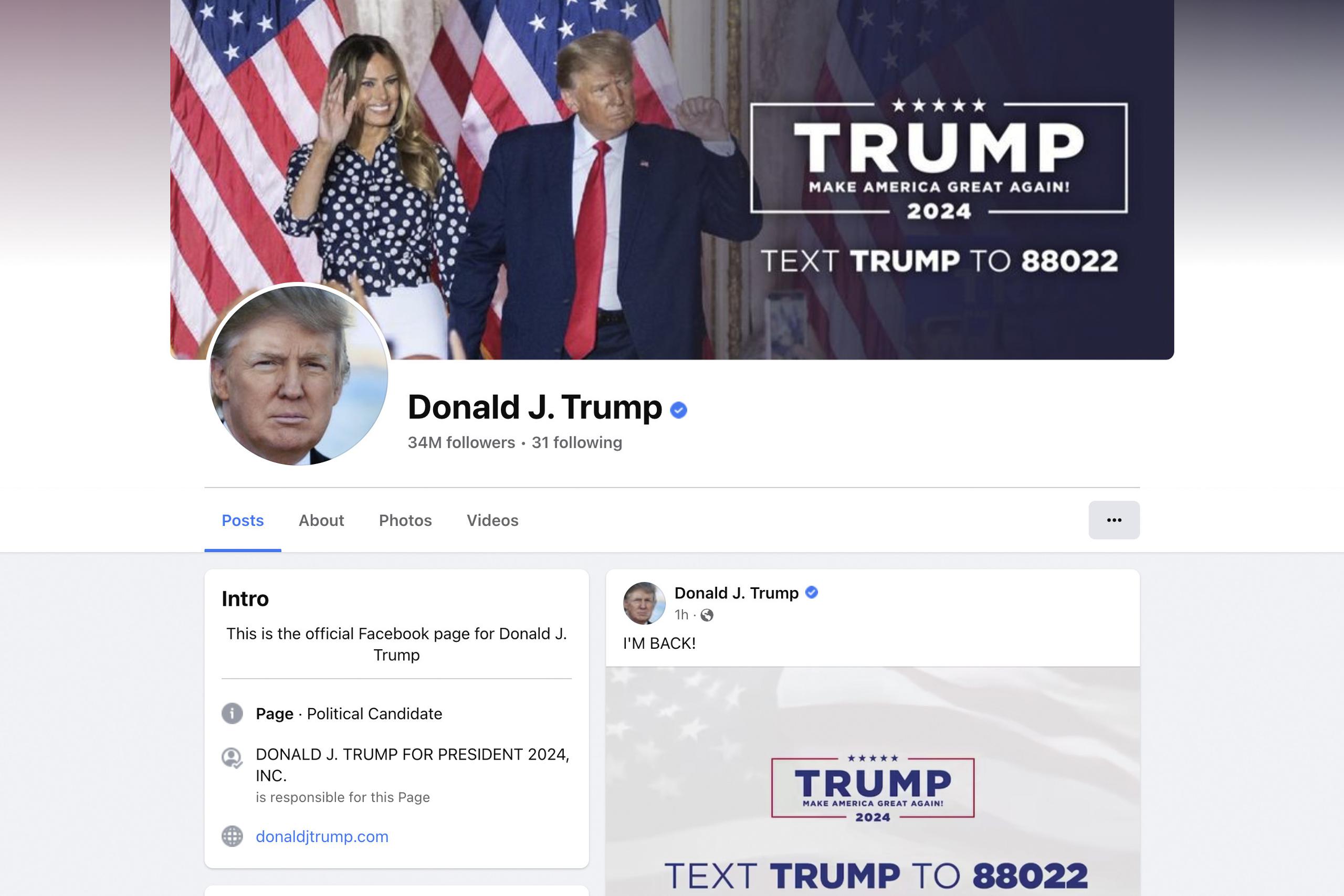 Esta imagen muestra la cuenta de Facebook del expresidente Donald Trump, donde aparece su primera publicación luego de que la red social reactivó su cuenta. (Facebook vía AP)
