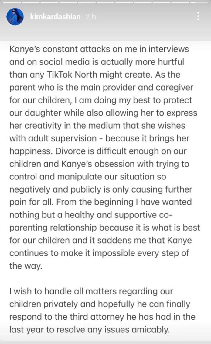 Kim Kardashian recurrió a los "stories" en Instagram para desahogarse sobre lo difícil que ha sido su proceso de divorcio tanto para ella como para la niña de ocho años.