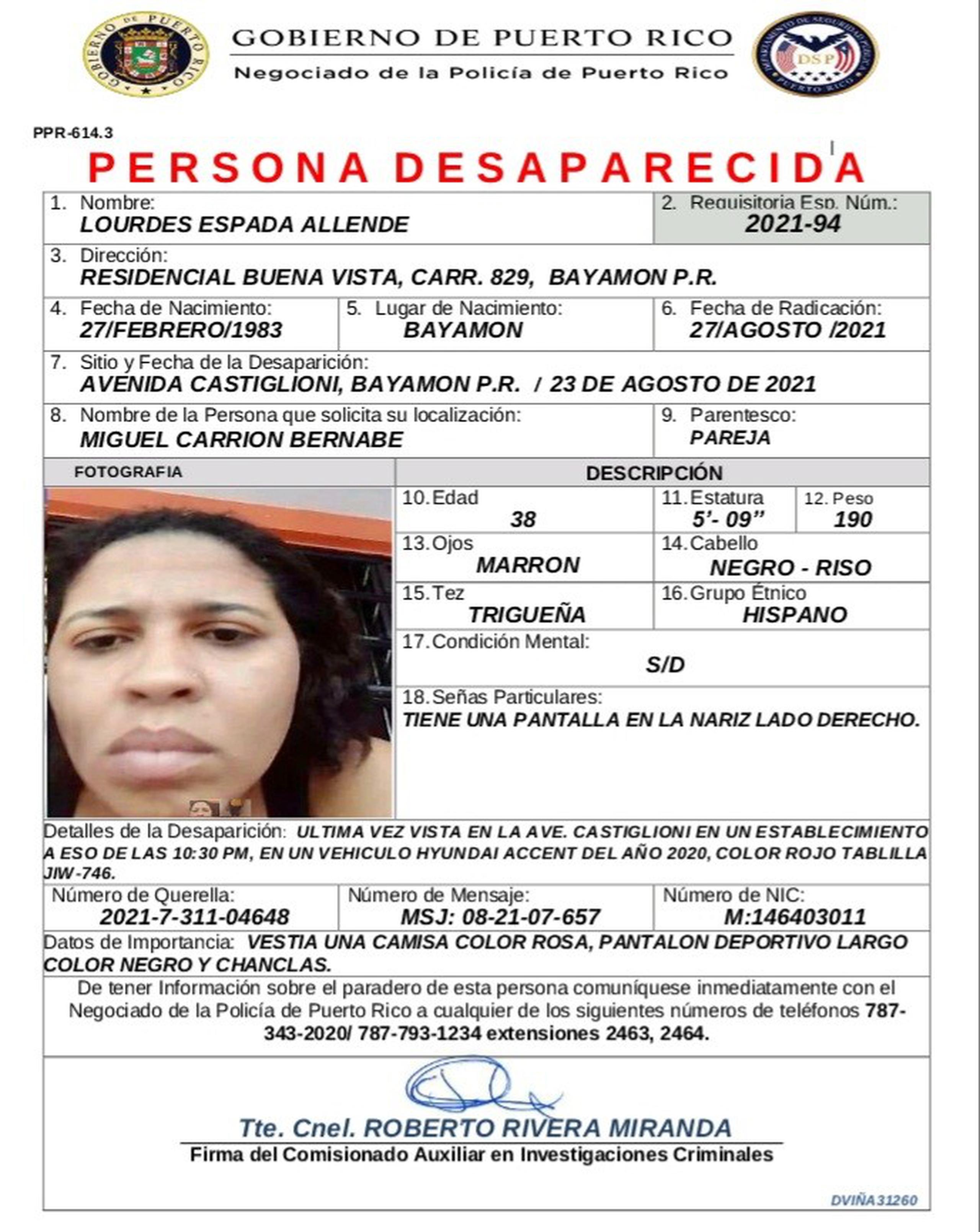 La mujer se encuentra desaparecida desde la noche del 23 de agosto, cuando fue vista por última vez en la avenida Castiglioni, en Bayamón.