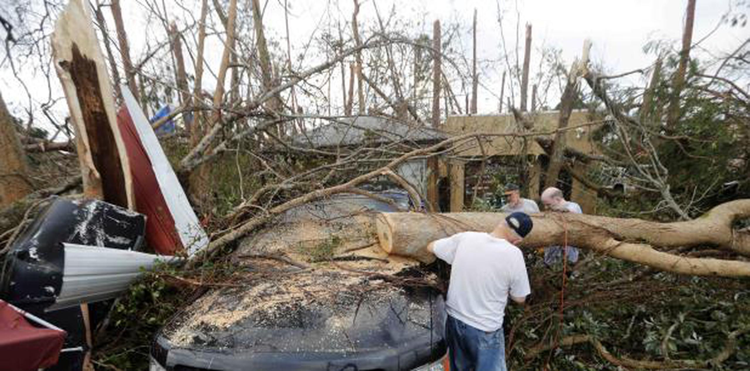 Personas cortan un árbol que cayó encima de un vehículo, en Panama City, Florida. (AP / Gerald Herbert)