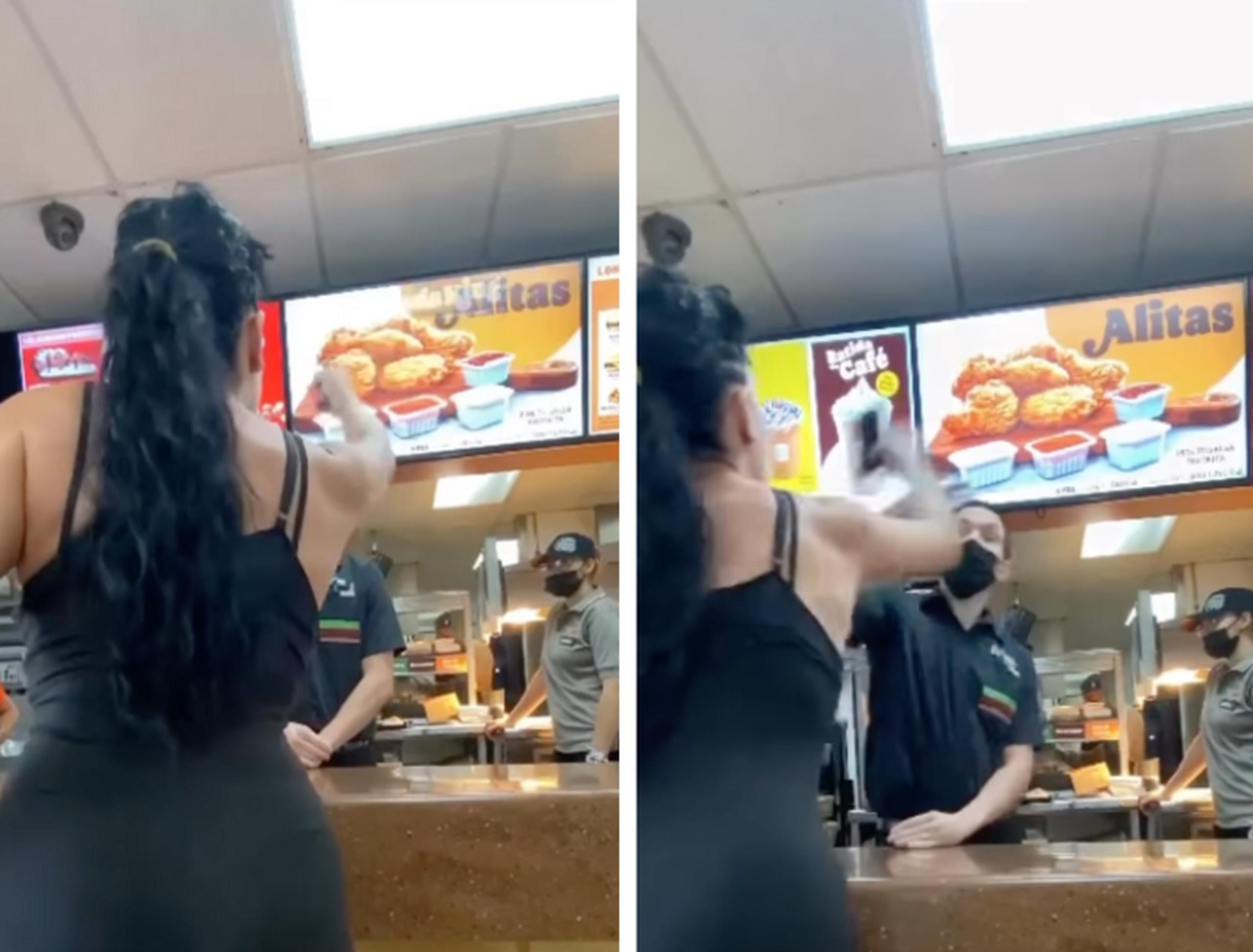 Una videocaptura de un video viral donde se muestra una clienta de un restaurante de comida rápida agrediendo con sus manos al gerente de la tienda.