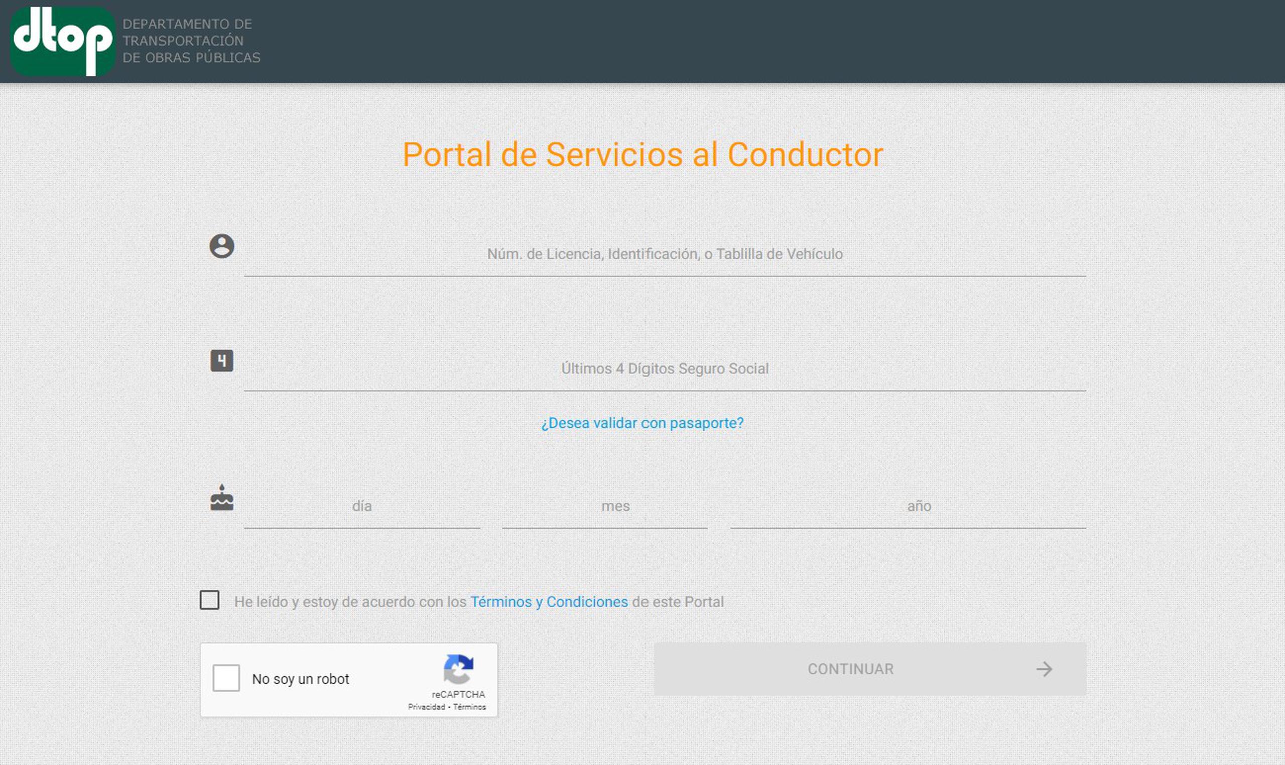 Portal de Servicios al Conductor del Departamento de Transportación y Obras Públicas.