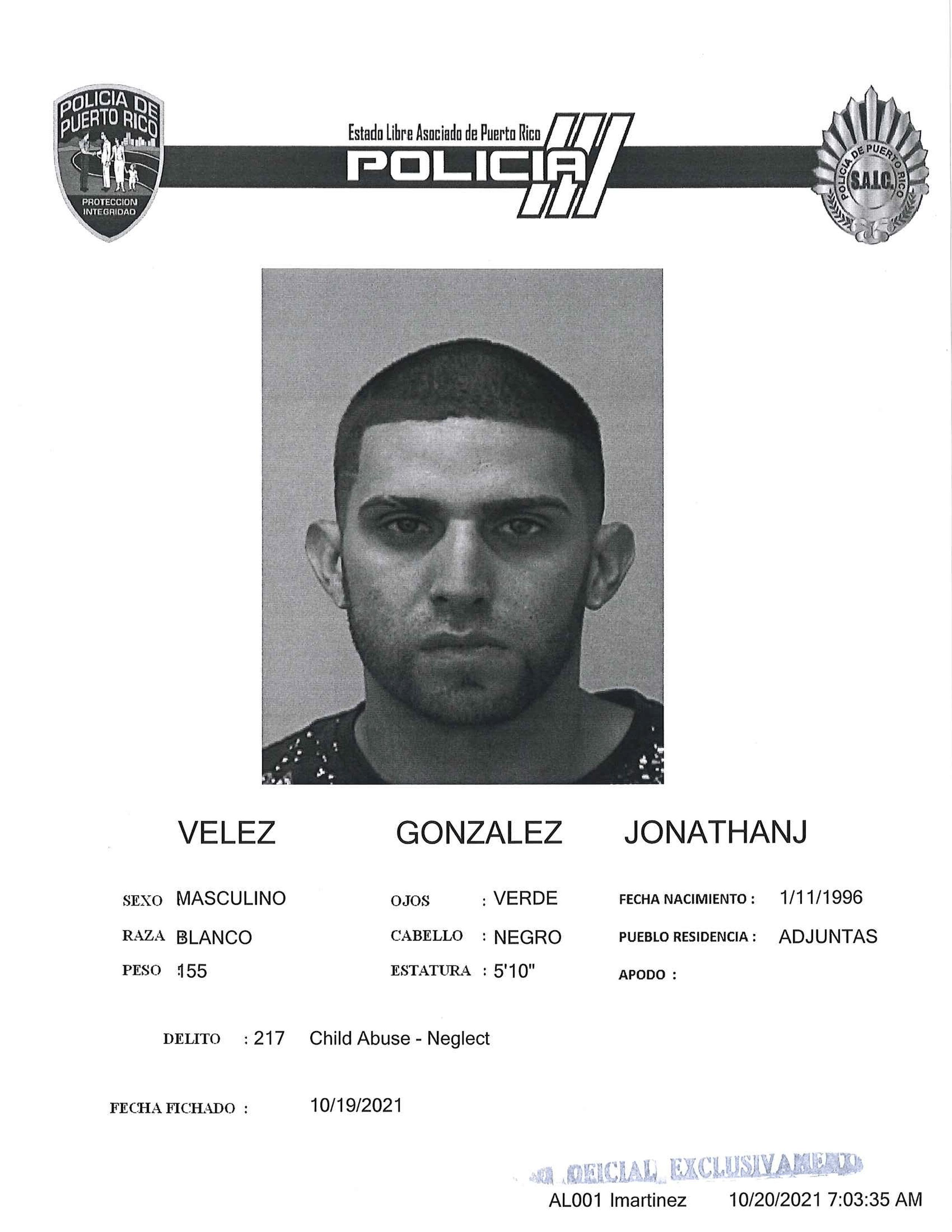 Ficha policíaca de Jonathan José Vélez González.