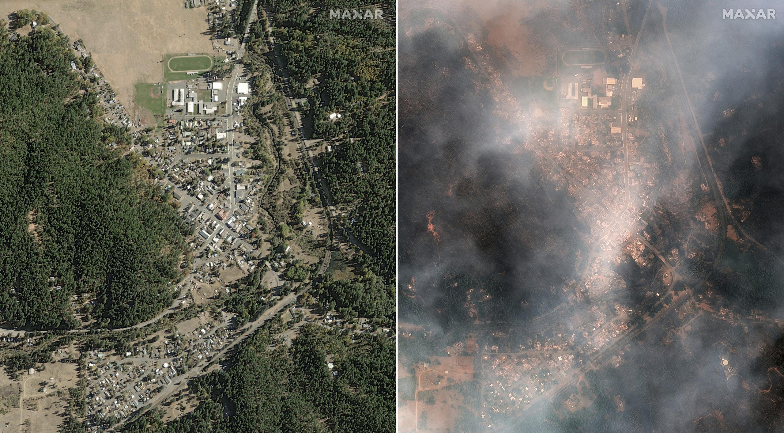 El lado izquierdo muestra una panorámica de Greenville, California, el 31 de octubre de 2018, y en el lado derecho una vista de la comunidad mientras es arrasada por el incendio Dixie el lunes 9 de agosto de 2021.