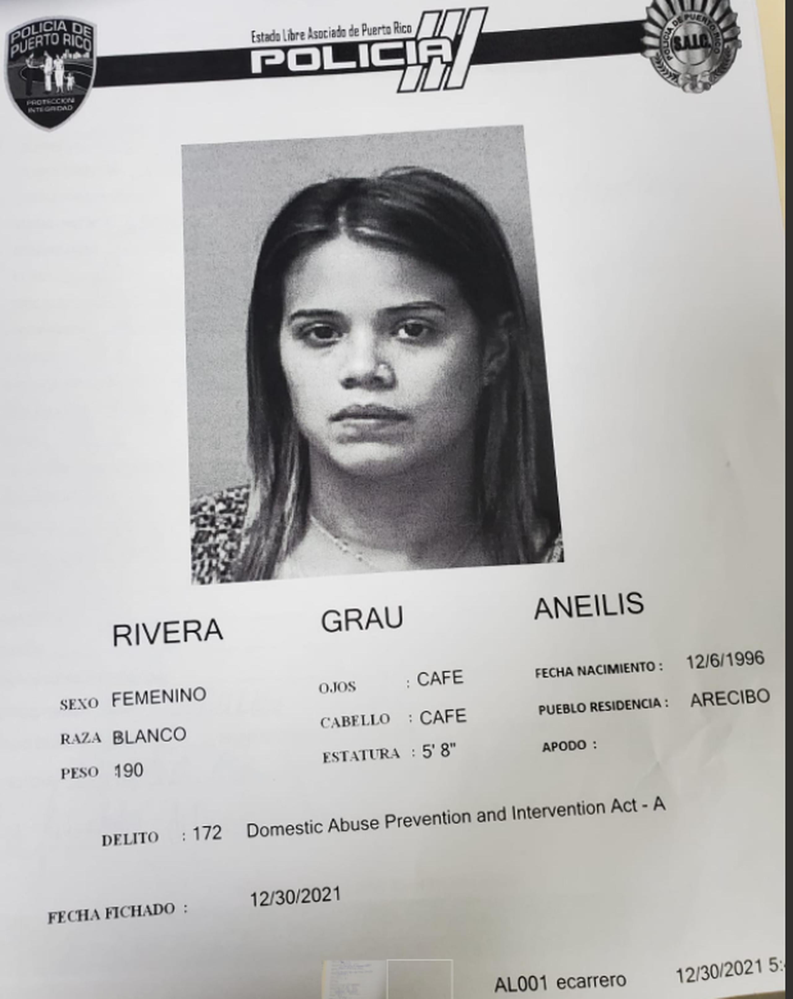 Ficha policial de Aneilis Rivera Grau, imputada de maltrato.