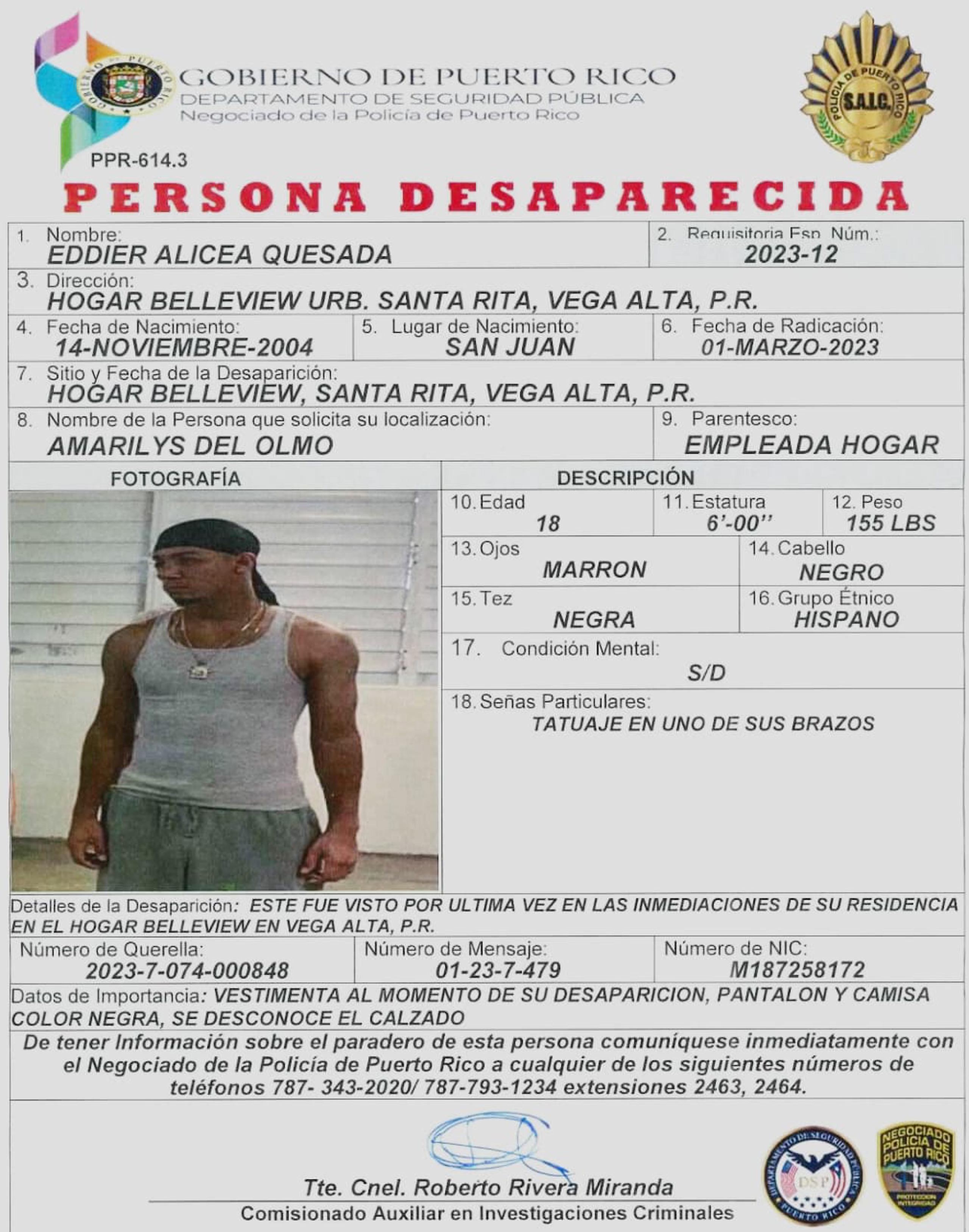 Eddier Alicea Quesada, de 18 años, se encuentra desaparecido desde el 1 de marzo. Si lo ha visto llame al (787) 343-2020.