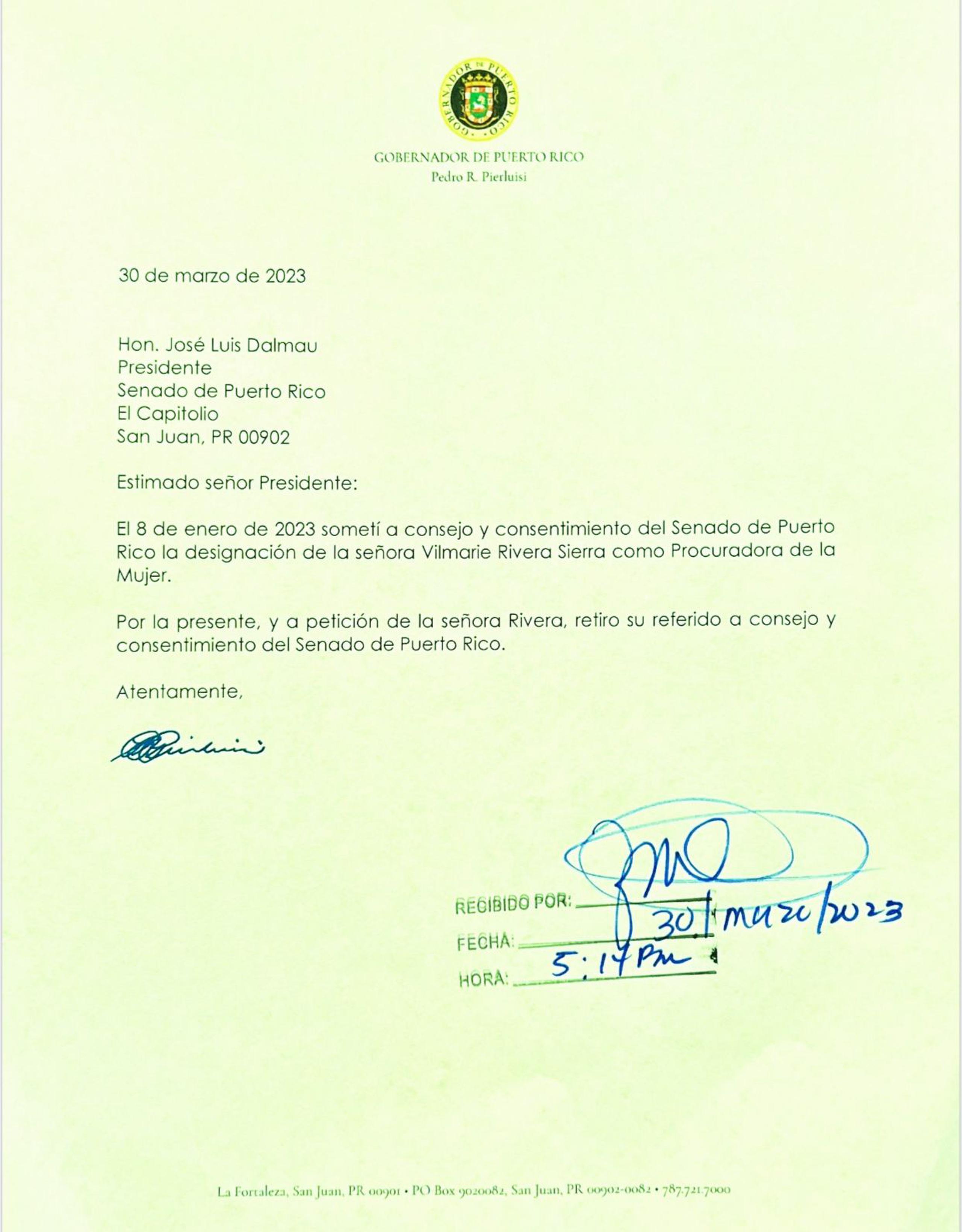 Carta del gobernador en la que deja saber al Senado de Puerto Rico que retira el nombramiento de Vilmarie Rivera Sierra a la procuradoría de las Mujeres