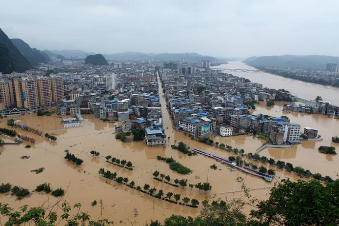 Vista aérea de las inundaciones que afectan a la localidad de Liuzhou en China.