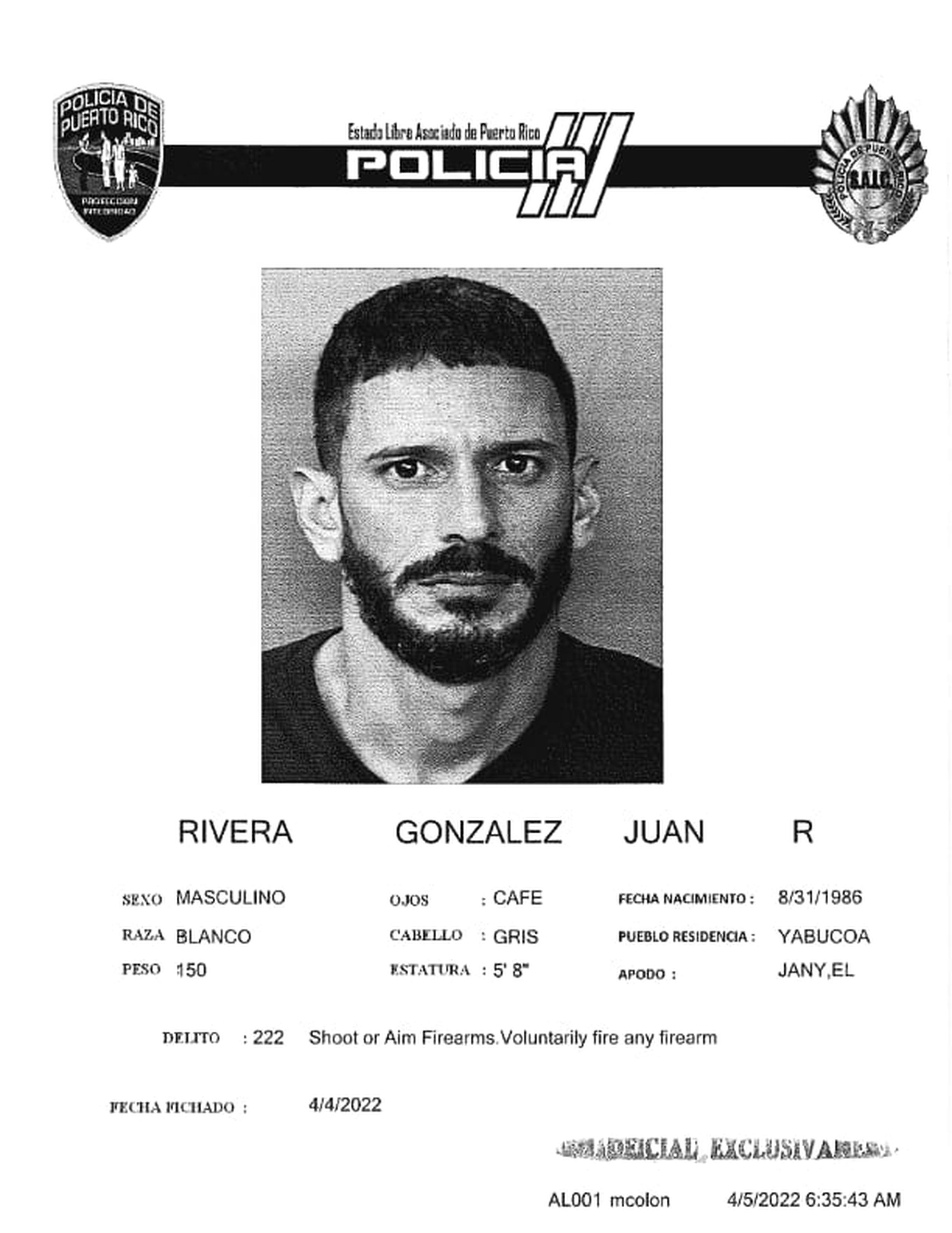 Juan R. Rivera González fue acusado en ausencia por asesinato en primer grado y violación a la Ley de Armas.