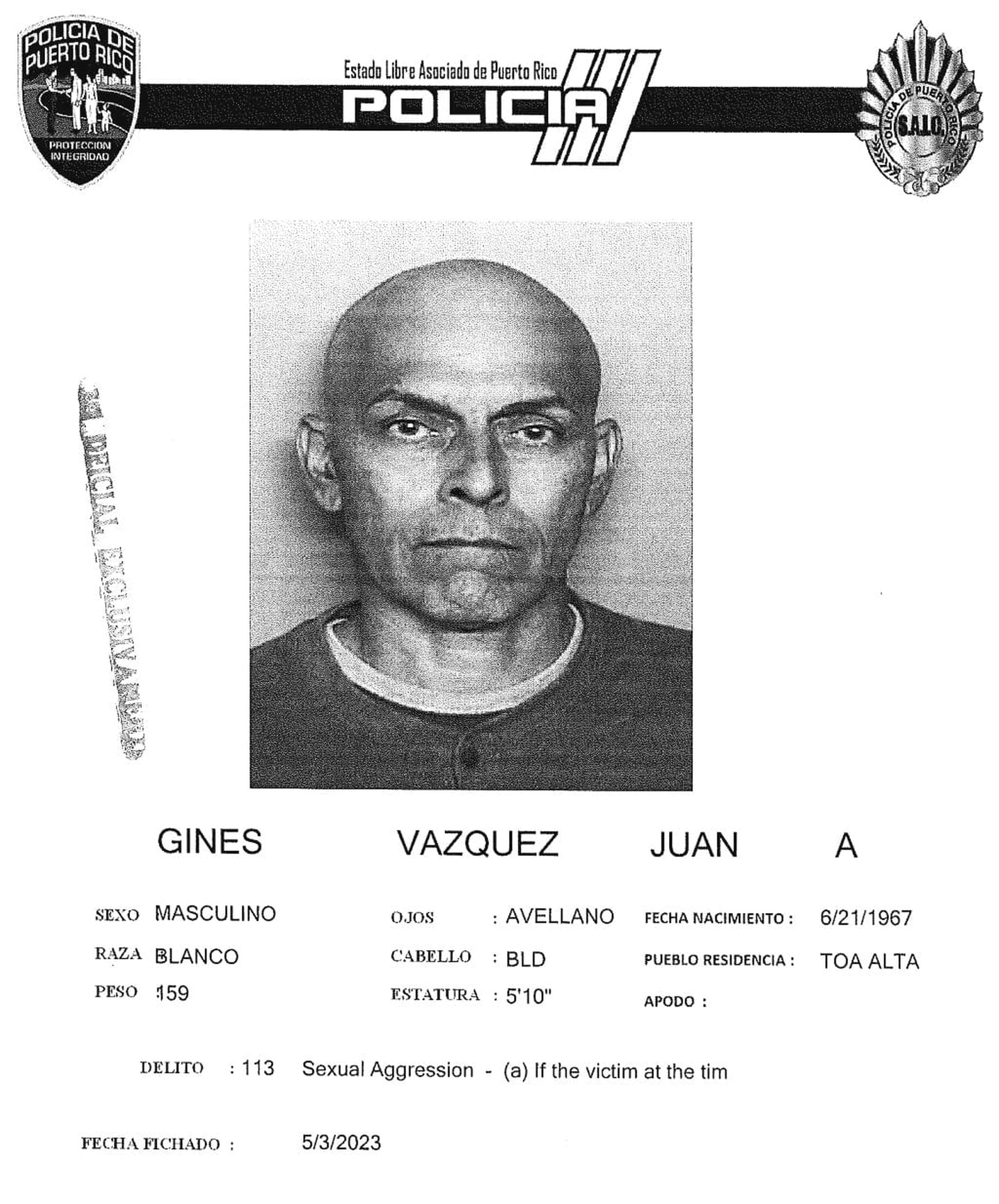 Juan A. Gines Vázquez enfrenta cargos por agresión sexual, actos lascivos y maltrato de menores.