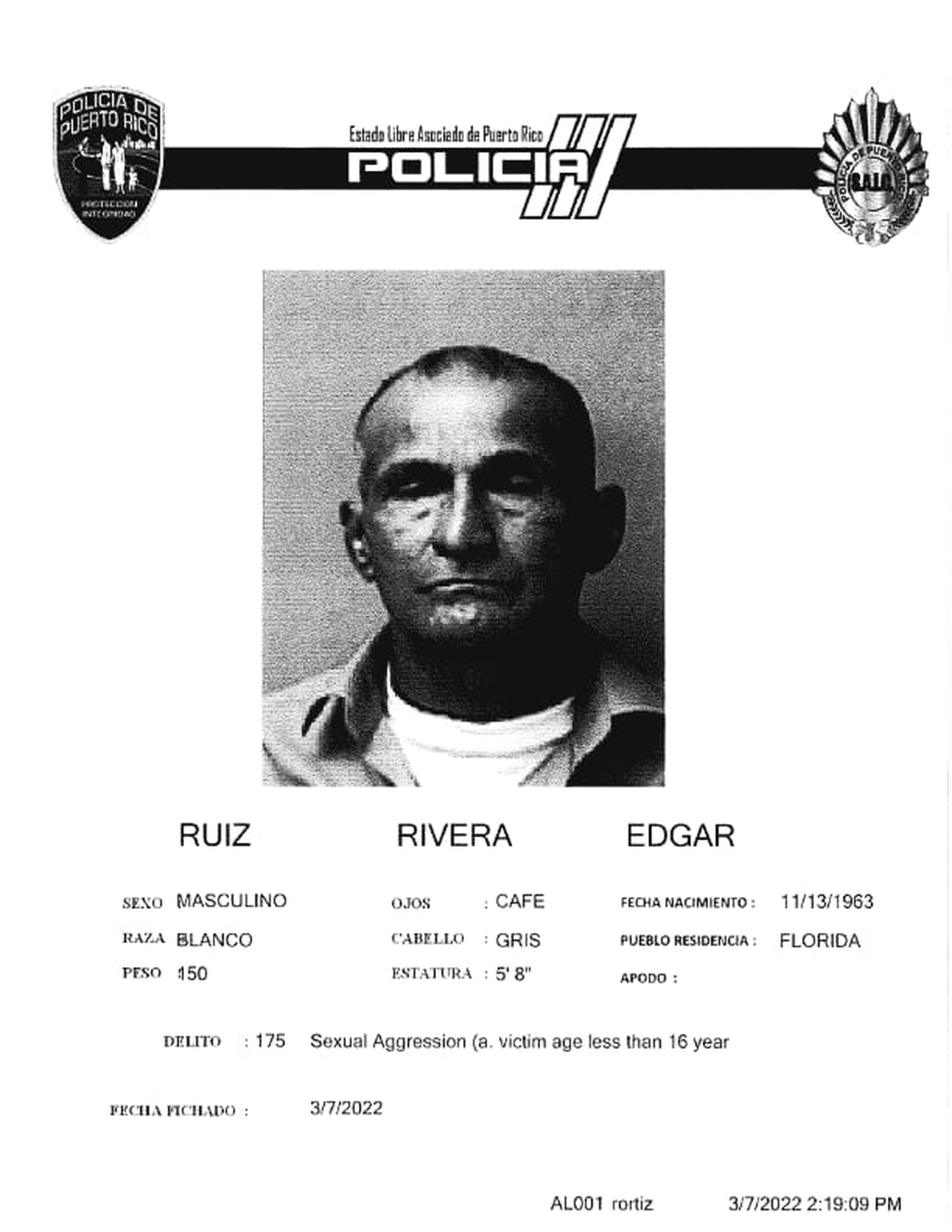Edgar Ruiz Rivera fue acusado por cuatro cargos de agresión sexual contra una menor de edad.