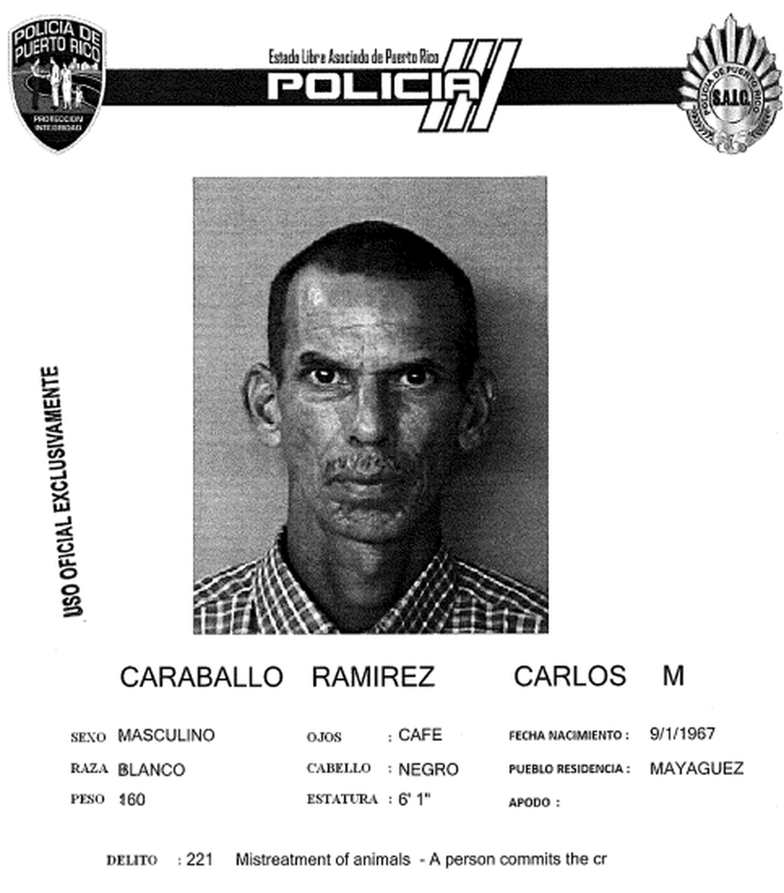 Ficha de Carlos Caraballo Ramírez de 56 años y residente de Mayagüez.
