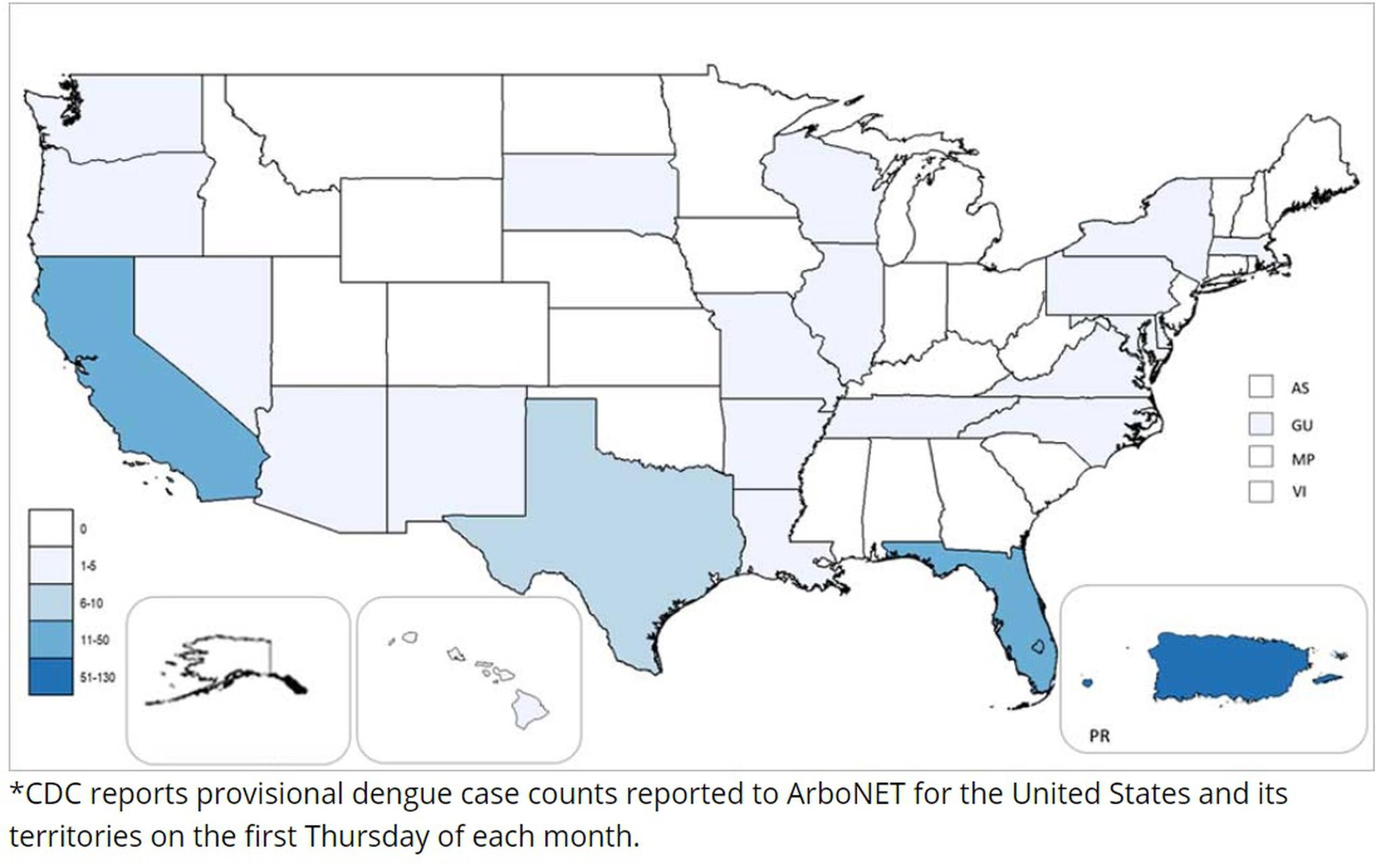 En la foto se muestra marcado de azul el mapa de Puerto Rico, como la región de Estados Unidos con más contagios de dengue en lo que va de 2020.