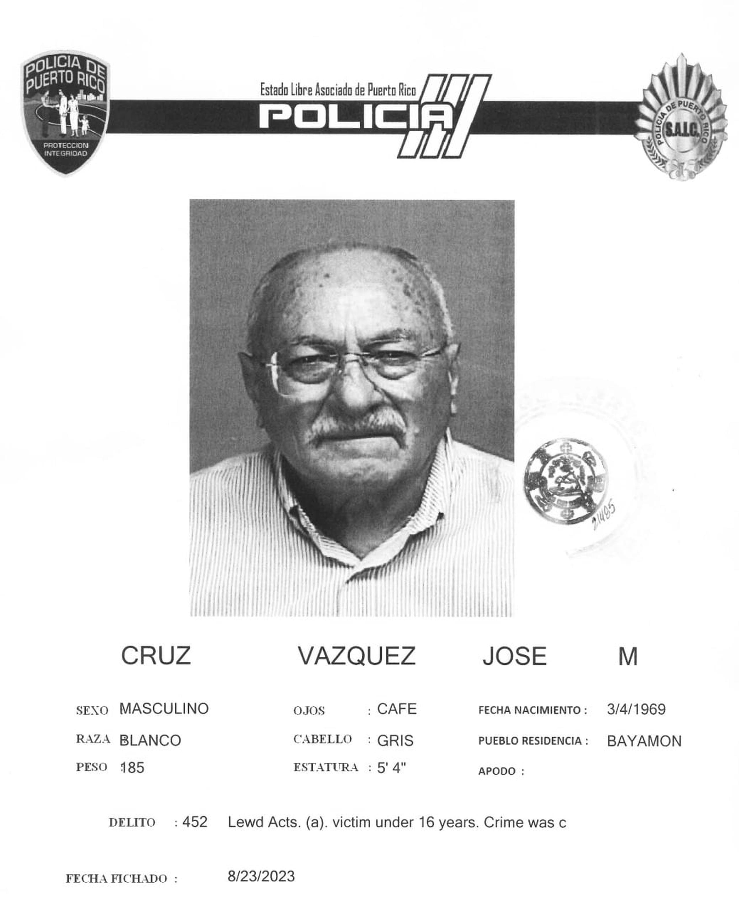 José M. Cruz Vázquez enfrenta un cargo de actos lascivos contra una niña.