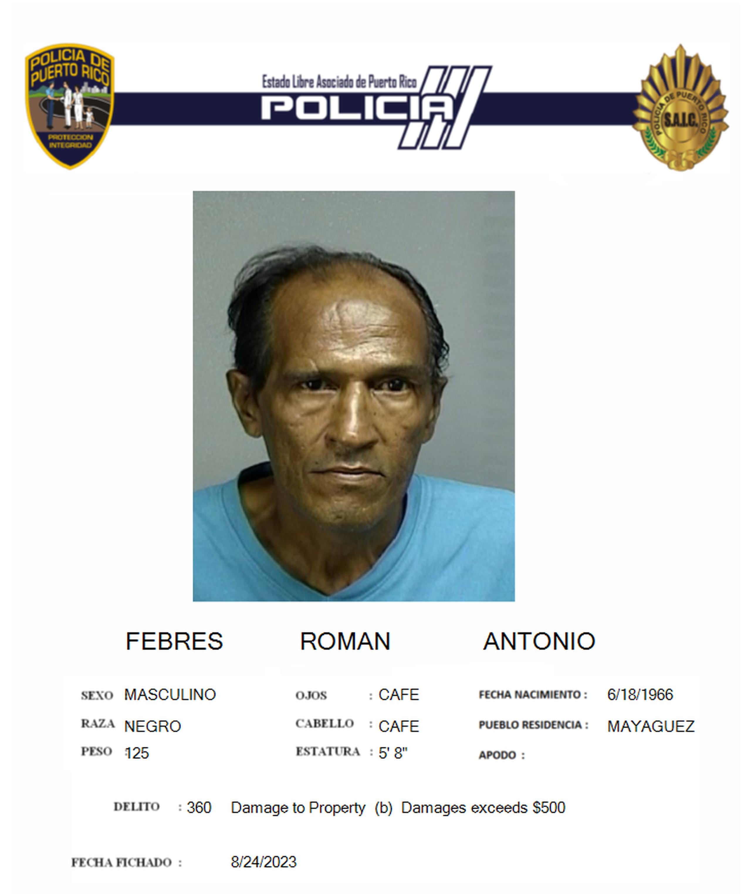 Antonio Febres Román enfrenta cargos por daños a la propiedad.