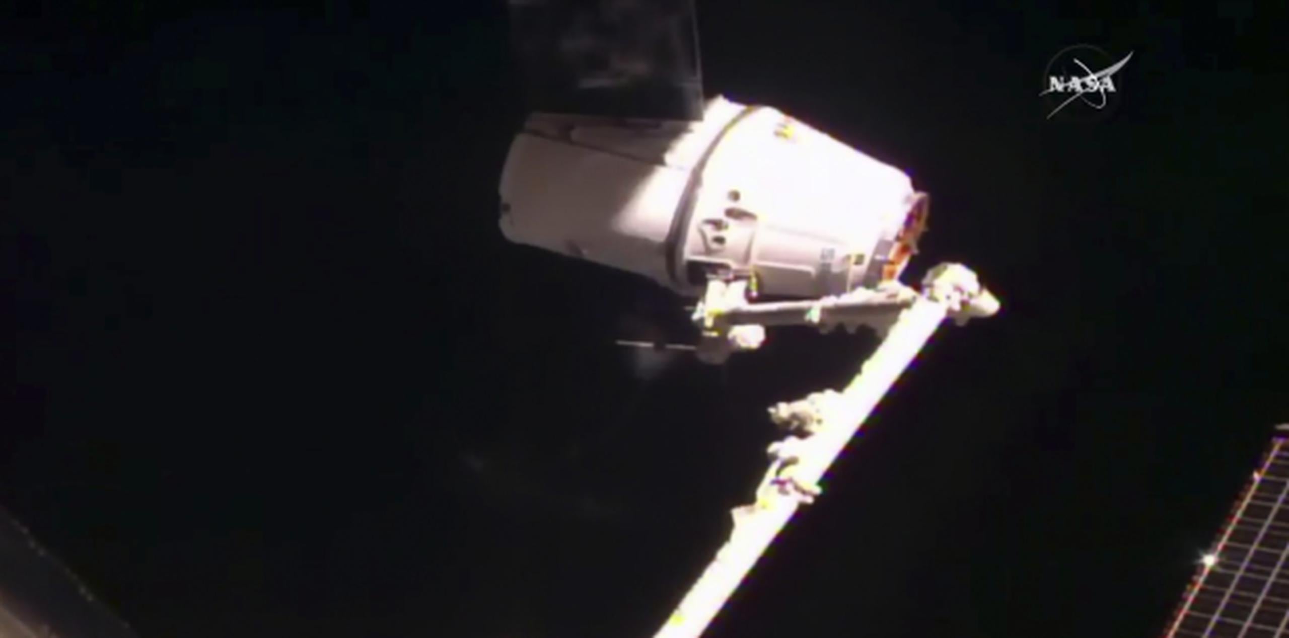El brazo mecánico de la Estación Espacial Internacional captura la nave de carga Dragón de SpaceX, para recibir 5,500 libras de suministros. (NASA TV via AP)