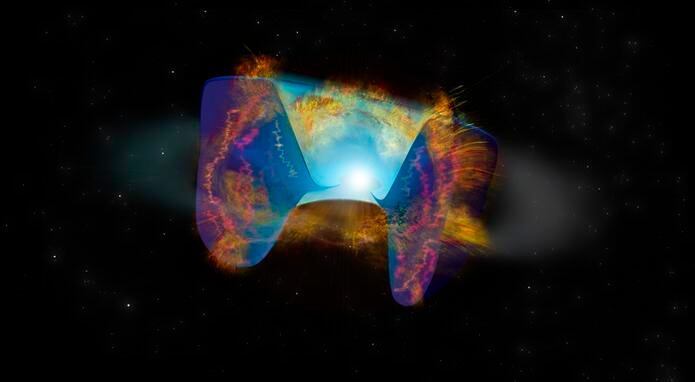 Recreación artística de los restos de una explosión de supernova desencadenada por una colisión estelar. EFE/Bill Saxton, NRAO/AUI/NSF
