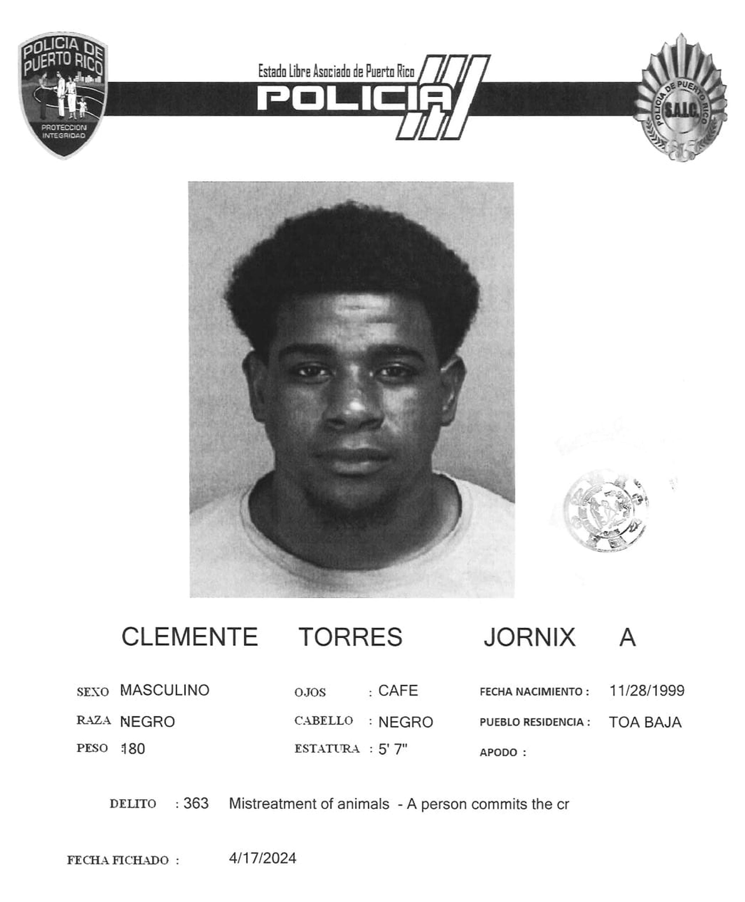 Jornix A. Clemente Torres, fue acusado por  cargos de maltrato de animales y amenaza a un adulto mayor.